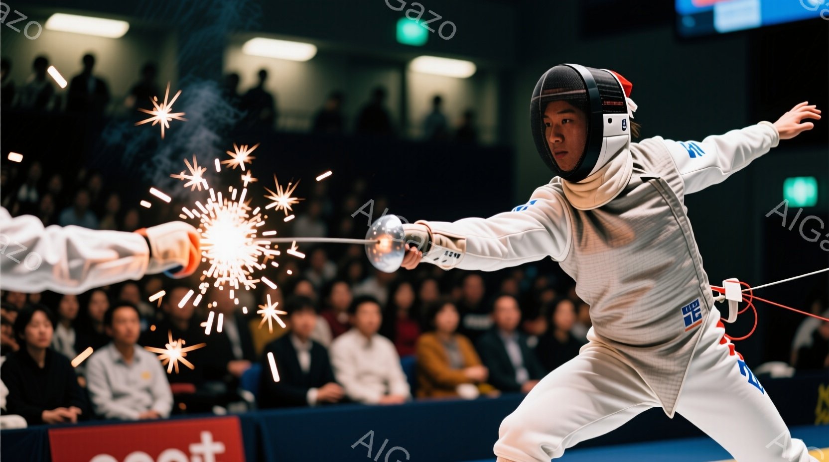 フェンサーが試合中に剣を振るう瞬間を捉えた写真です。白のフェンシングスーツにマスクとプロテクターを着用し、集中した表情で相手に剣を向けています。背景には観客席が見え、試合会場の熱気が伝わってきます。 - AI生成フリー素材