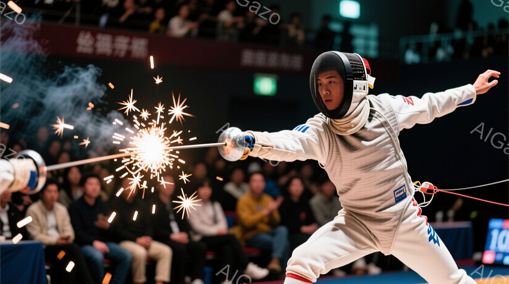フェンシングの競技者が、白と青のユニフォームを身につけ、剣を構え、攻撃の瞬間を捉えた写真です。競技者の表情は真剣で、集中力に満ち溢れています。背景には観客席が見え、競技場の熱気と緊張感が伝わってきます。