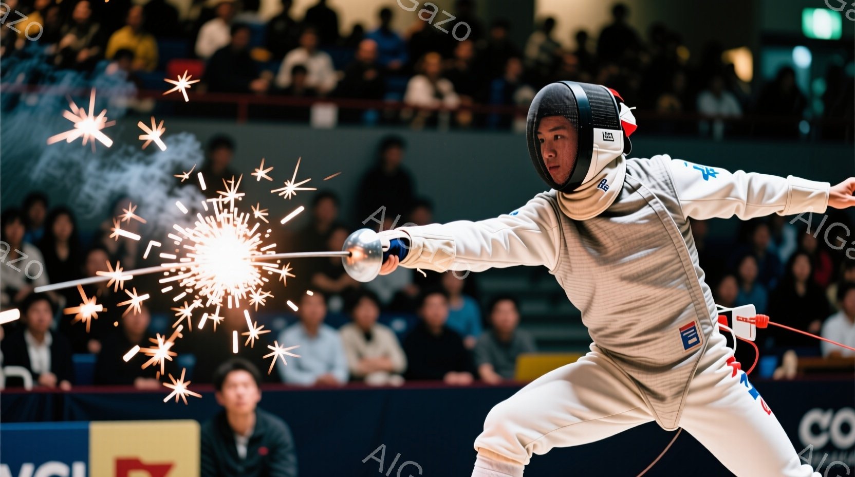 フェンシングの競技者が試合中に攻撃している様子が写っている。白のフェンシングスーツを着用し、ヘルメットとマスクで顔を覆っている。背景には観客席が見え、競技場の雰囲気を感じさせる。