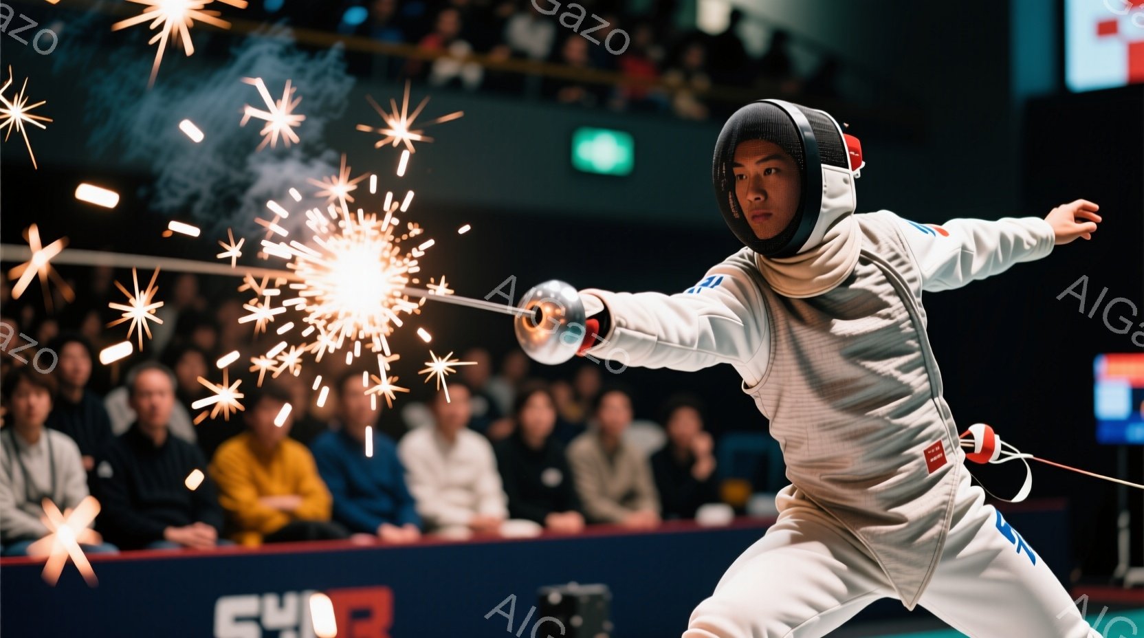 フェンシングの競技者が試合中に攻撃を繰り出している瞬間を捉えた写真です。競技者は白色のフェンシングスーツとヘルメットを着用し、剣を伸ばして相手に迫っています。背景には観客席がぼやけて写っており、観客の熱気と競技場の雰囲気が伝わってきます。