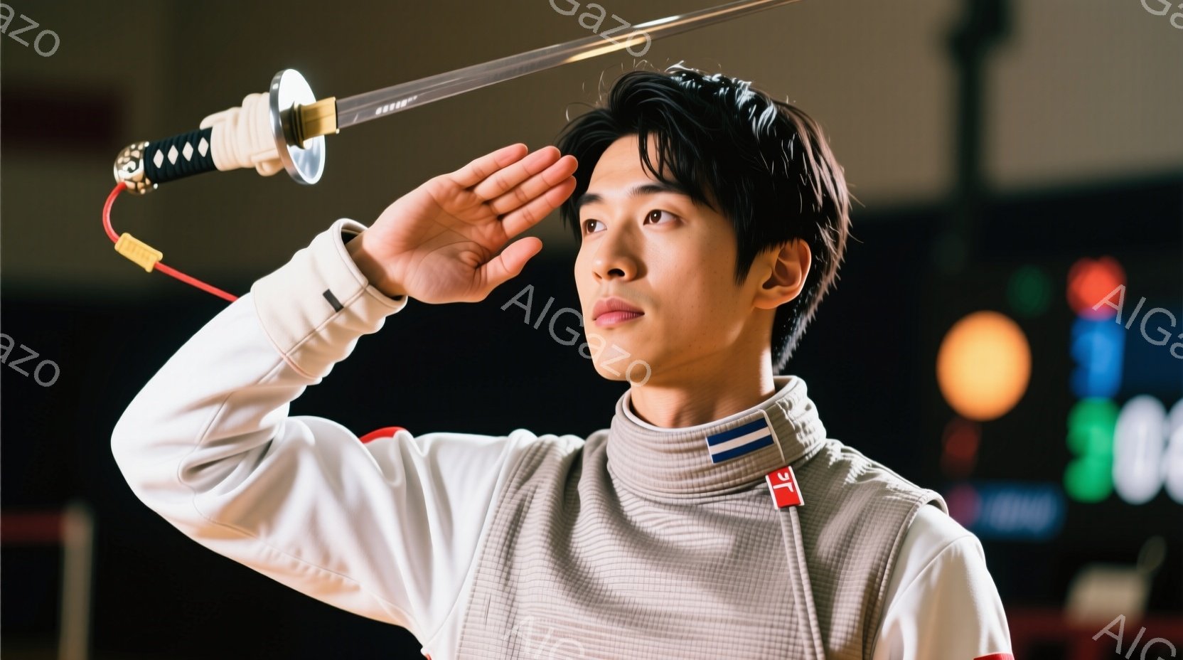 白いフェンシングウェアに身を包んだ若い男性が写っている。彼は右手を上げて敬礼の姿勢を取り、鋭い眼光でカメラを見つめている。背景はぼかされており、フェンシング競技が行われている体育館の一部のようであり、全体的に緊張感と集中力が感じられる。