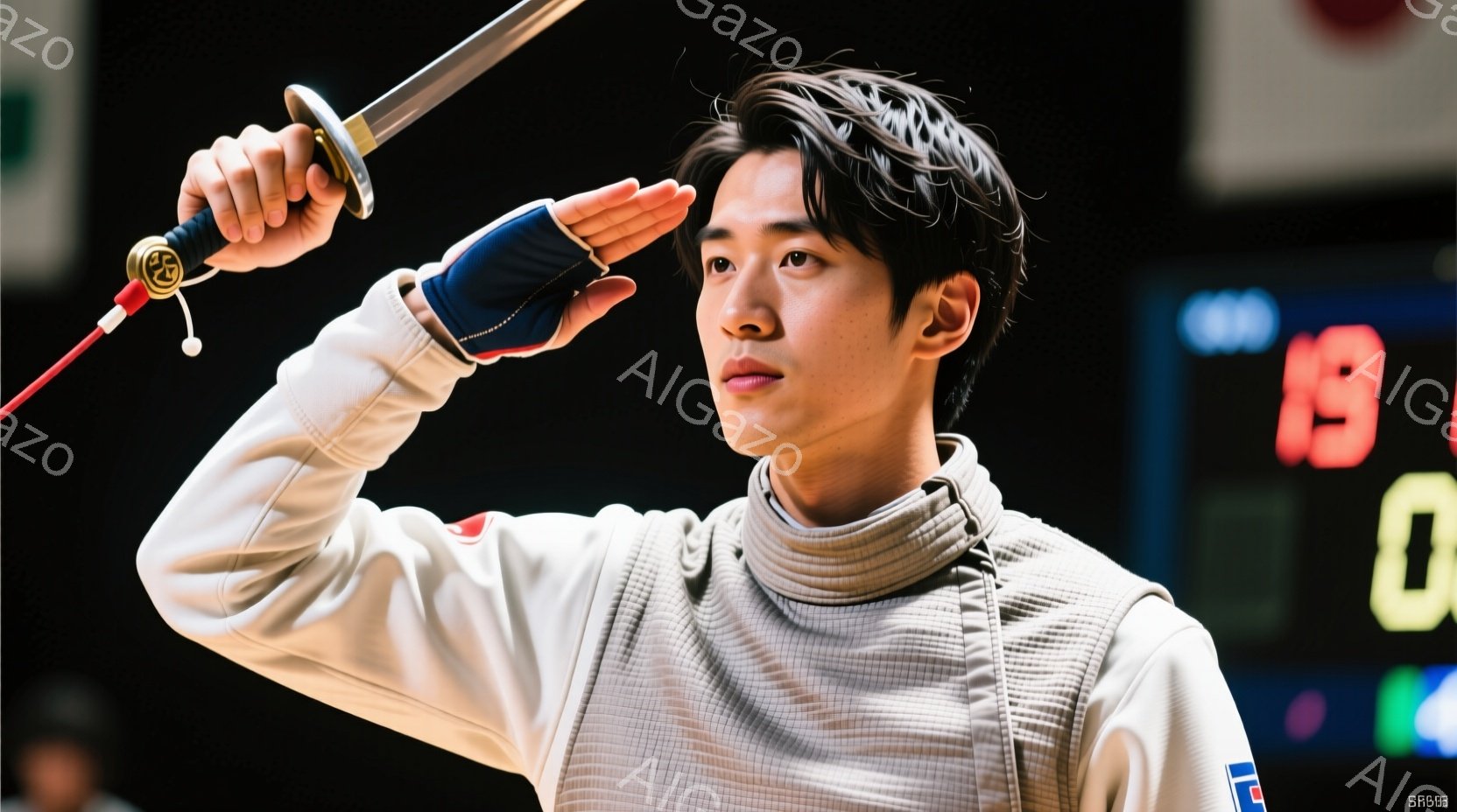 フェンシングの競技者である若い男性が写っている。彼は白いフェンシングスーツを着用し、左手にフェンシングの剣を持ち、右手を上げて勝利をアピールしている。背景にはスコアボードが見え、会場の照明が競技者を照らしている。