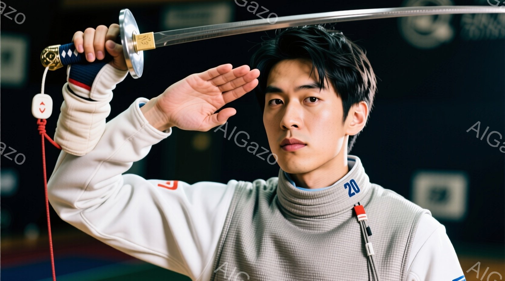 フェンシングの選手が競技中の様子を捉えている。選手は白いフェンシングスーツを着用し、右手に剣を持ち、左手を高く上げて防御の姿勢をとっている。背景はぼやけており、競技会場の壁とわずかな観客席が見える、集中と緊張感が漂う雰囲気だ。