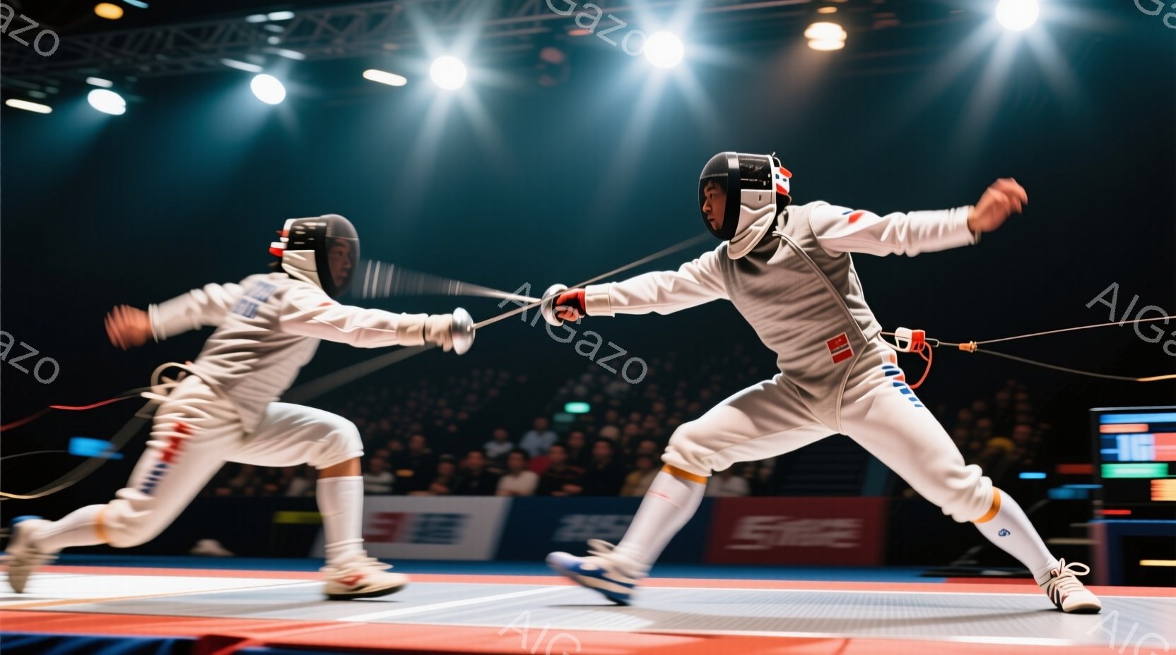 フェンシングの試合中の二人の選手が写っています。白いフェンシングスーツとヘルメットを着用し、片手に剣を持って互いに攻撃を繰り出そうとする姿勢です。背景には観客席が見え、競技場の照明が明るく照らし出され - AI生成フリー素材