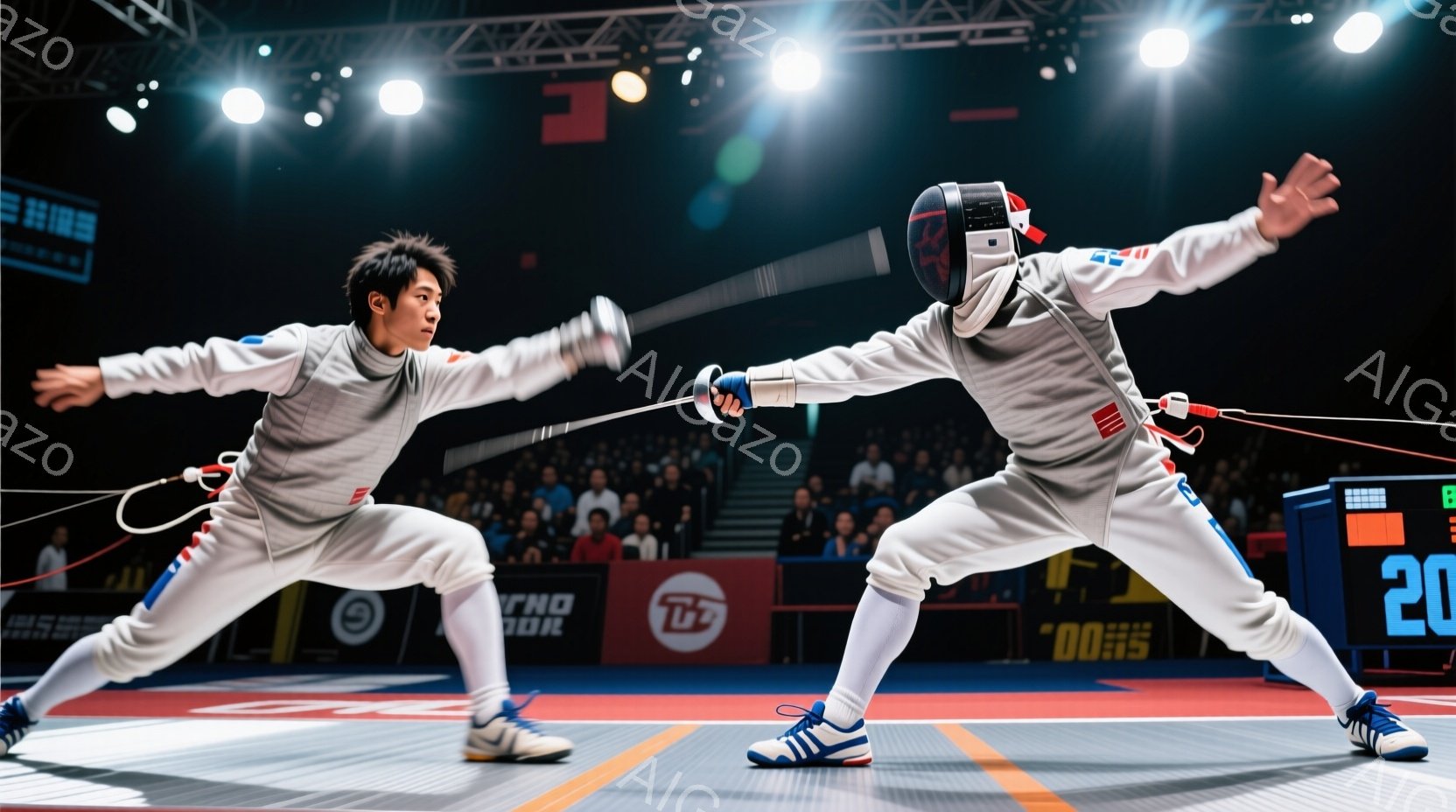 フェンシングの競技者が対峙している様子が写っている。選手たちは白いフェンシングスーツと防具を身に着け、片手に剣を持っている。背景には観客席と広告が見え、競技場の熱気を感じさせる。