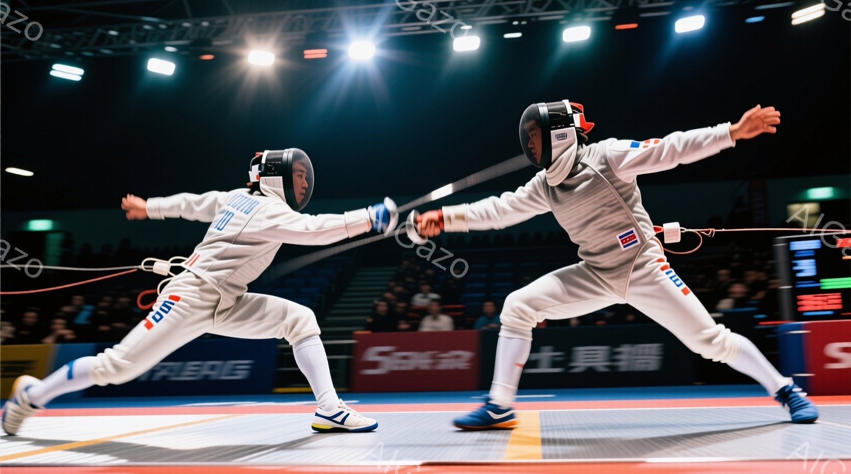 フェンシングの競技者が２人写っています。白いフェンシングスーツとヘルメットを着用し、剣を構えて対峙しています。背景は競技場であり、観客席とスポンサーロゴが見え、競技場の照明が競技者を照らしています。