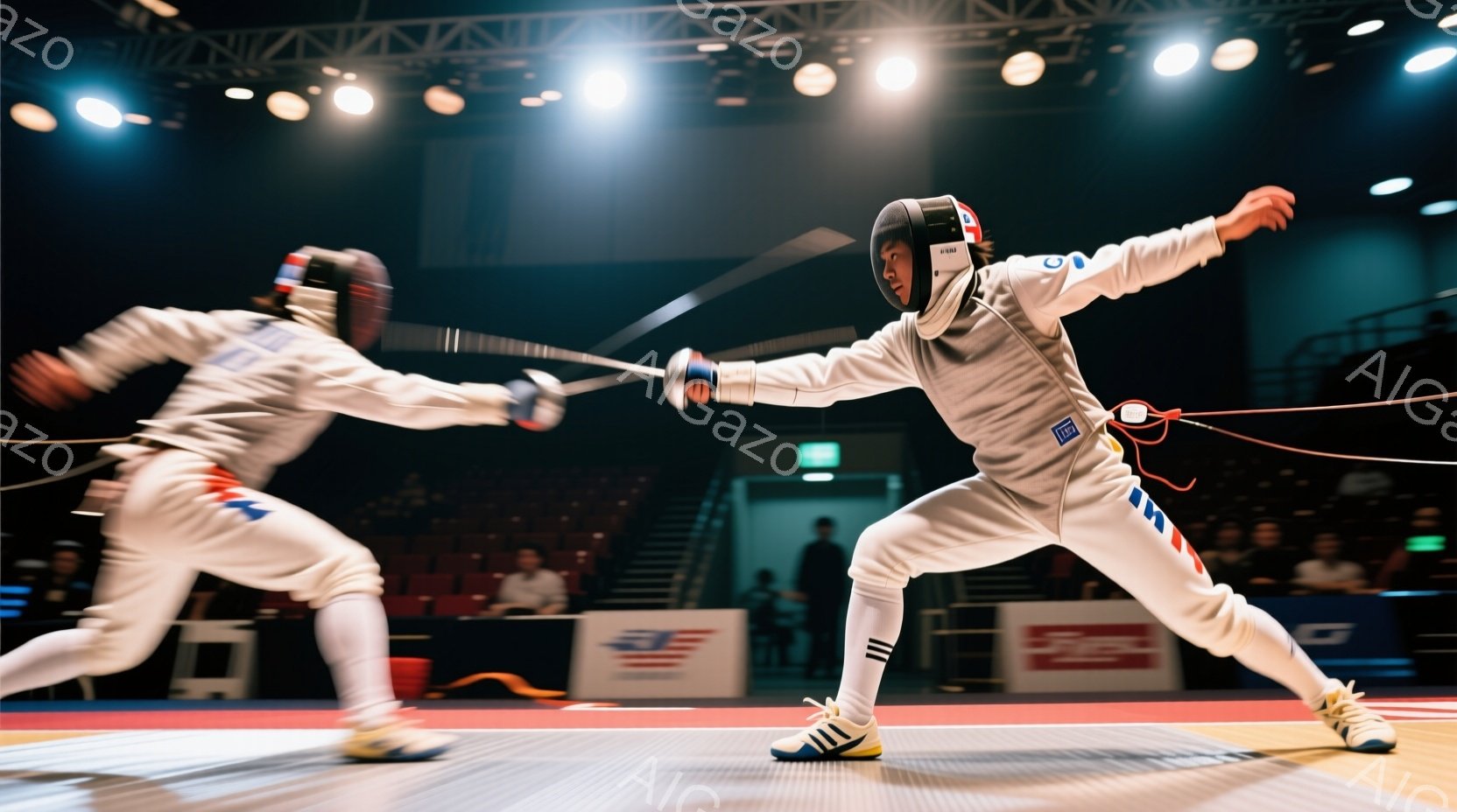 フェンシングの試合中の2人の選手が写っている。どちらも白いフェンシングスーツとマスクを着用し、手にはフェンシングの剣を持っている。背景には、観客席とぼやけた観客、そして競技場の照明が確認でき、緊張感あふれる競技の雰囲気が漂っている。