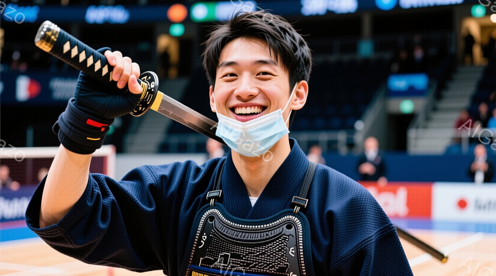 若い男性が剣を高く掲げ、満面の笑みを浮かべている。彼は黒色の防具と着物を着用し、マスクをしている。背景には観客席が見え、スポーツイベントのような会場であることがわかる。