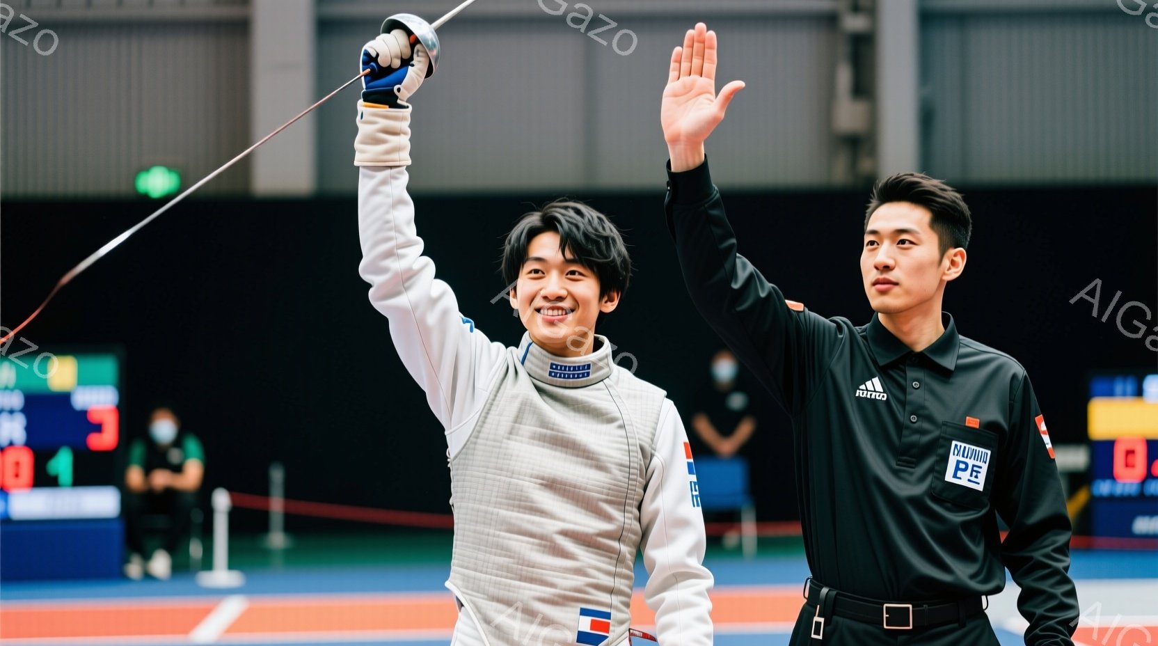 競技場内では、フェンシングの選手が満面の笑みで片手を高く上げ、勝利を喜んでいます。彼は白いフェンシングスーツに、胸元に国旗のマークが付いており、短髪で活気に満ちた表情をしています。背景には、観客席らしきものがぼやけて見え、審判と思わしき制服姿の男性が腕を上げています。