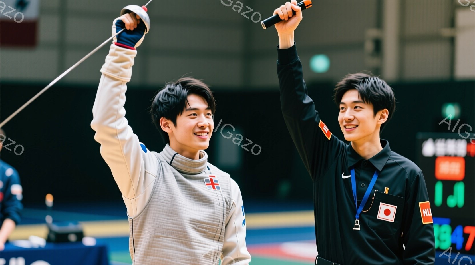 二人のフェンサーが笑顔で立っている写真です。左のフェンサーは白いフェンシングスーツに青い旗のマーク、右のフェンサーは黒いフェンシングスーツに日本の旗のバッジをつけています。背景にはフェンシングコートと観客席が見え、競技が終わった直後の喜びの雰囲気が伝わってきます。