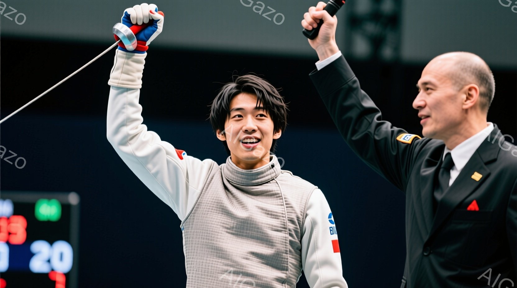 フェンシングの競技者が、勝利をアピールするように片手を高く挙げ、満面の笑みを浮かべている。白いフェンシングスーツに青いラインが入り、髪は短く整えられている。背景にはスコアボードが見え、競技場の照明が明るく、高揚感のある雰囲気が伝わる。