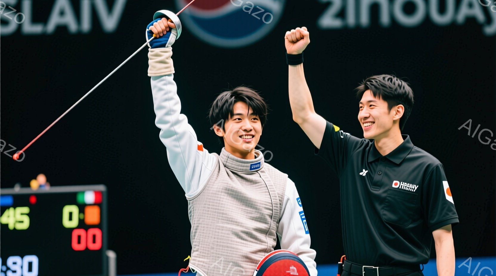 競技者はフェンシングのユニフォームを着ており、片手に剣を持っています。笑顔で腕を高く上げ、勝利を喜んでいる様子が伺えます。背景にはスコアボードが見え、競技場の観客席の様子もわずかに捉えられ、熱気ある雰囲気が感じられます。