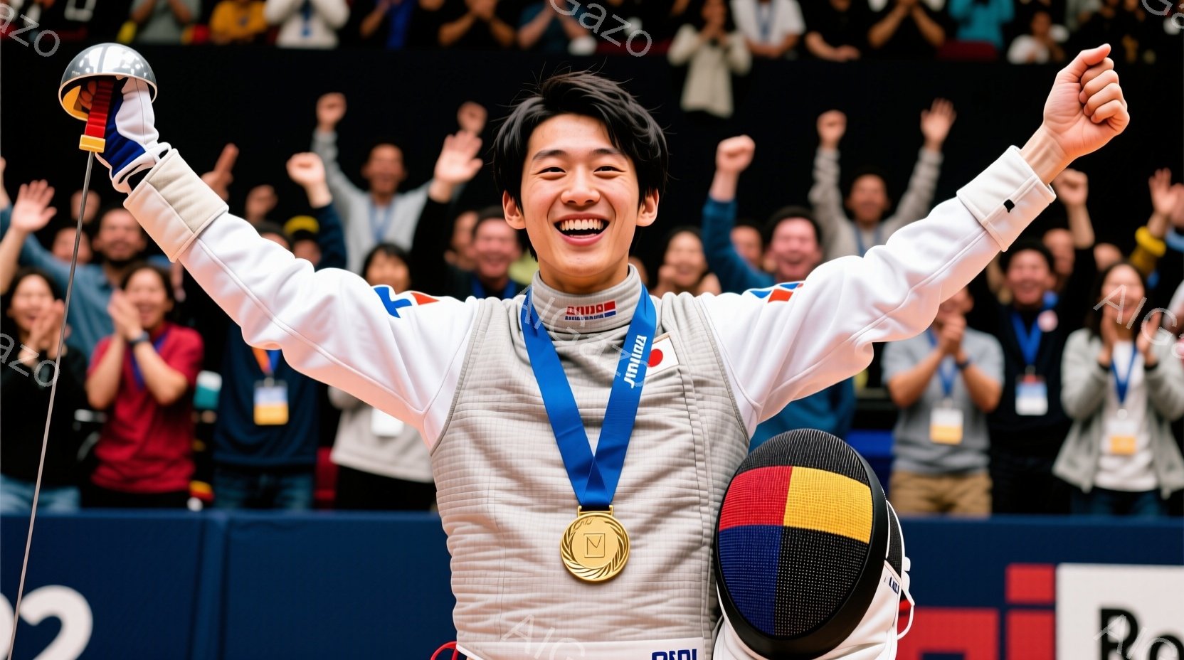 フェンシングの選手が金メダルを首にかけて満面の笑みを浮かべて両腕を広げています。彼は白いフェンシングユニフォームに青いラインが入っており、髪型は短髪で、顔は喜びで輝いています。背景には観客席が見え、多 - AI生成フリー素材