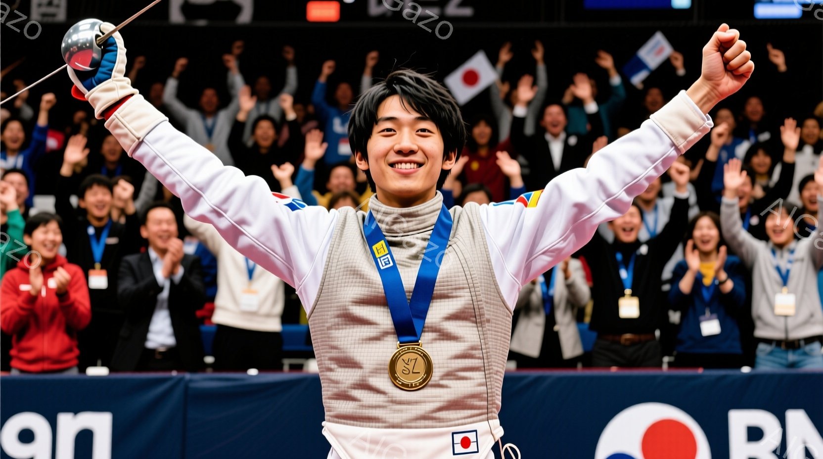 競技者はフェンシングのユニフォームを身につけ、金メダルを首にかけて満面の笑みを浮かべて両腕を高く上げています。背景には、多くの観客が日本国旗や応援旗を掲げ、熱狂的な雰囲気が伝わってきます。会場は明るく - AI生成フリー素材