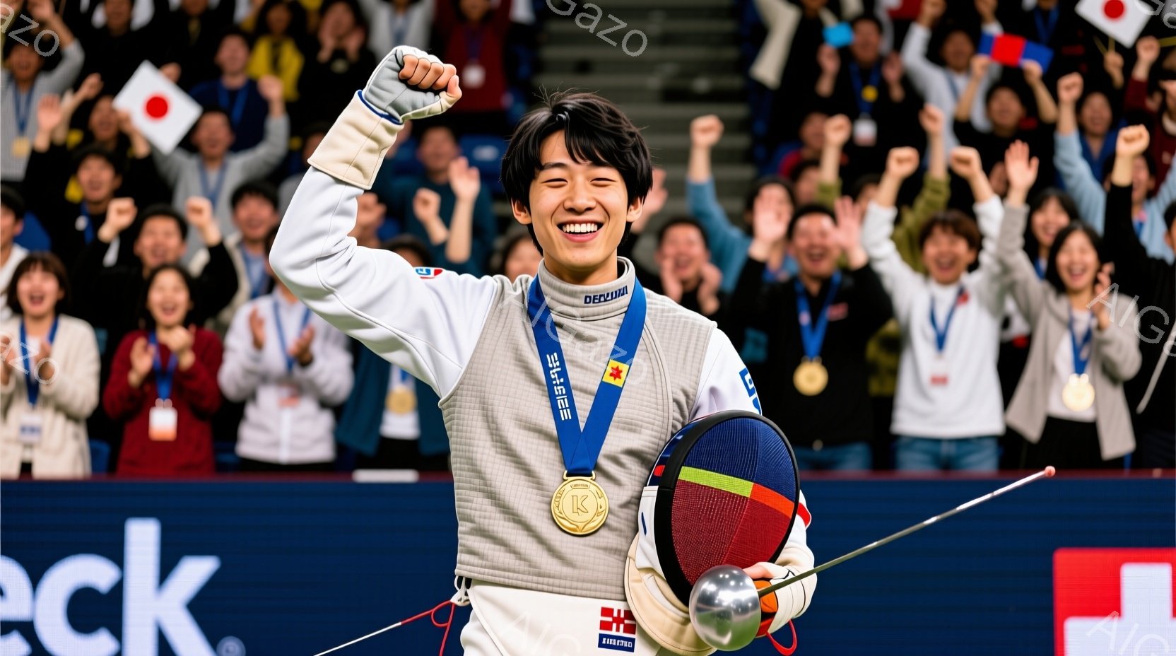選手はフェンシングの試合で金メダルを獲得し、満面の笑みを浮かべています。白いフェンシングスーツに日本の国旗のマーク、そして首には金色のメダルが輝いています。背景には観客席が広がり、多くの人々が手を挙げて喜びを分かち合っている様子が伺えます。
