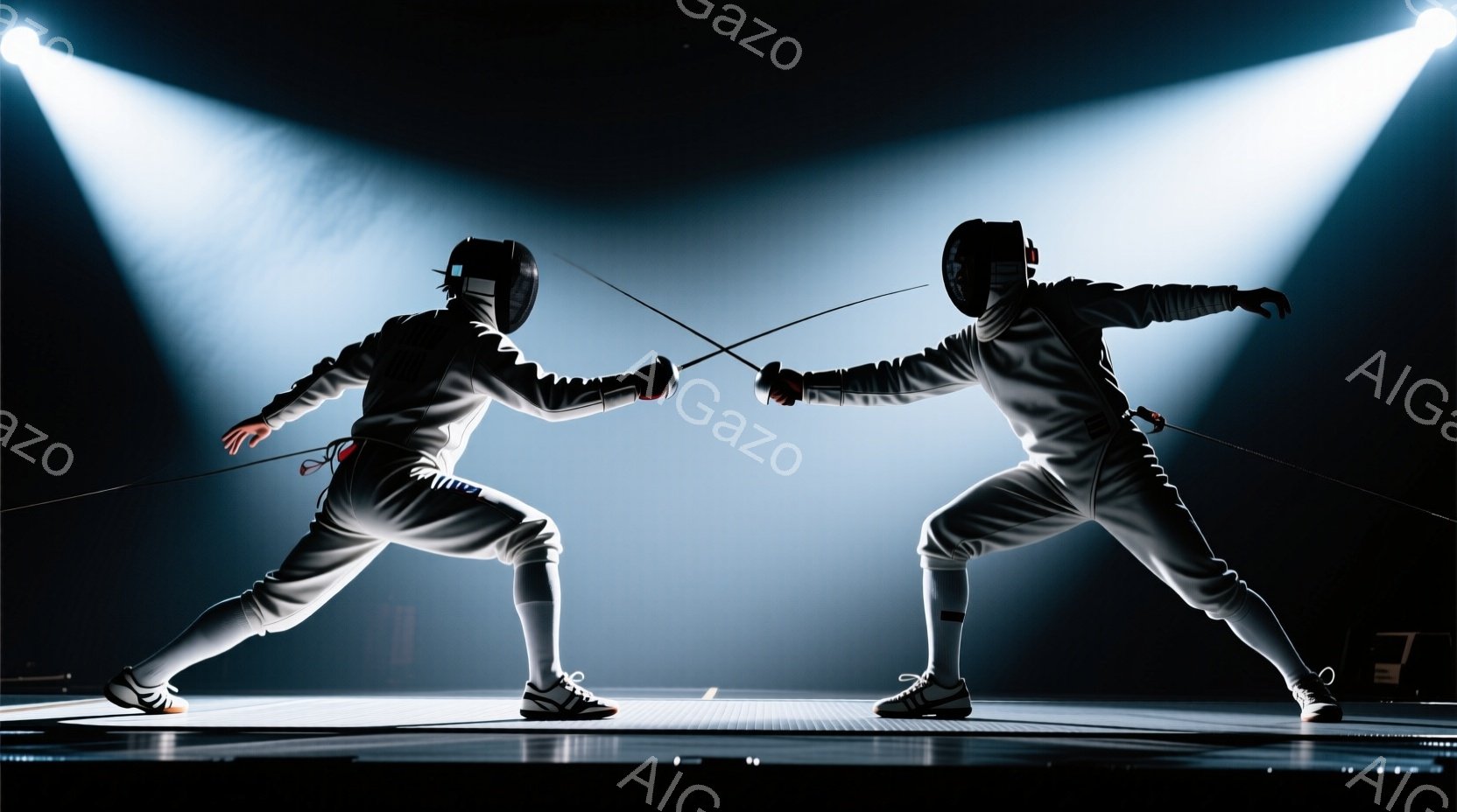 フェンシングの試合中の2人の競技者が描かれています。白のフェンシングスーツとマスクを着用し、剣を構えて互いに向き合っています。背景は暗く、スポットライトが競技者を照らし出し、緊張感と集中力を強調する雰囲気を作り出しています。