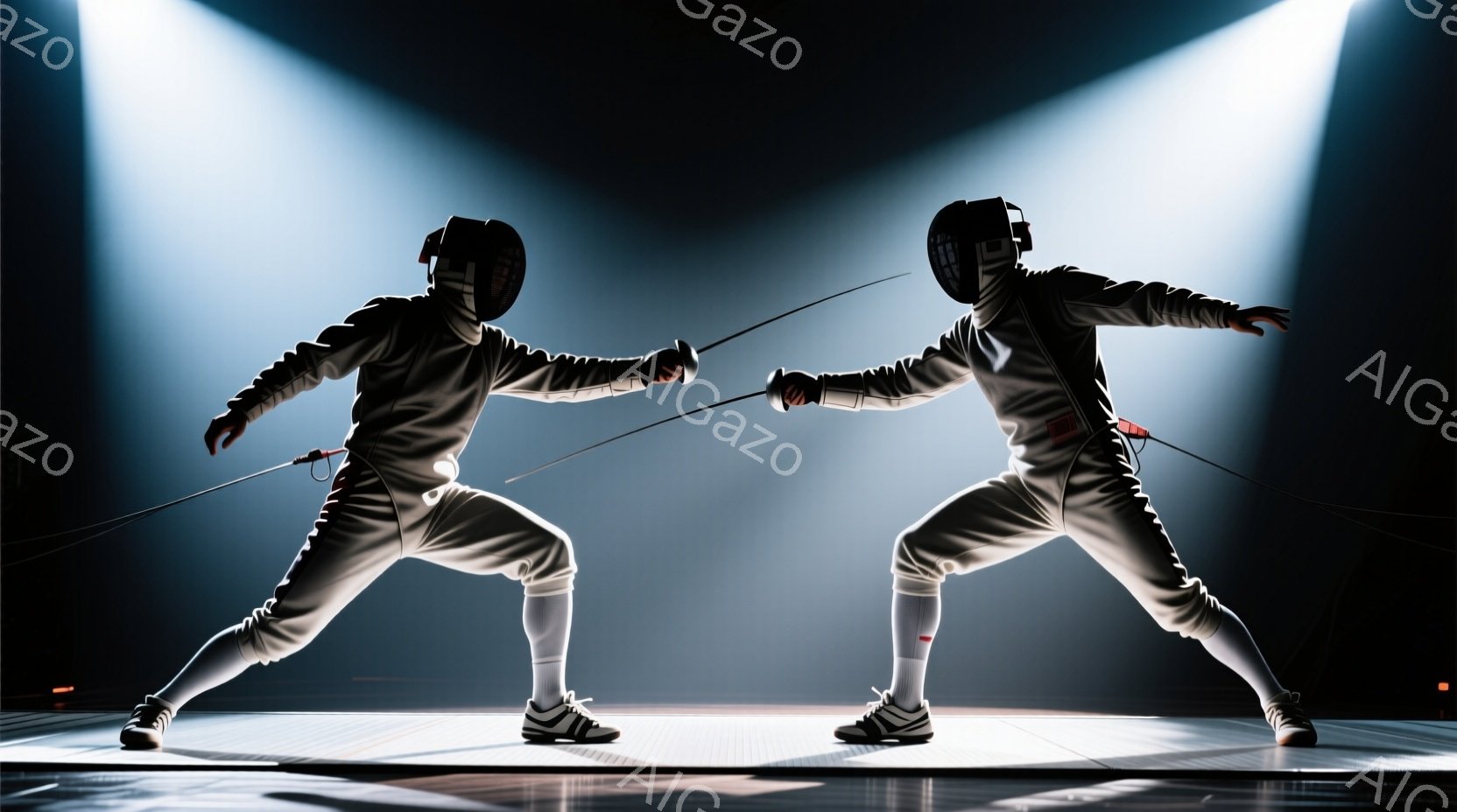 2人のフェンサーが、競技場で対峙している姿が捉えられている。白いフェンシングスーツ、ヘルメット、手袋、そして運動靴を着用し、剣を構え、互いに警戒しながら臨んでいる。背景は暗く、スポットライトが2人を照らし出し、緊張感と集中力を強調した雰囲気を作り出している。