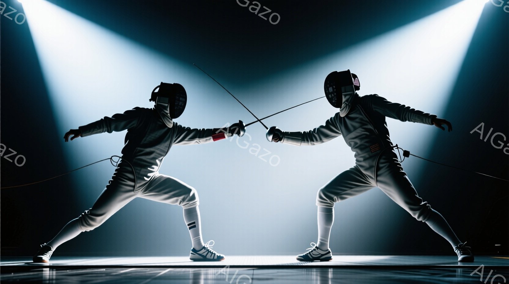 フェンシングの選手が二人、対峙する姿が描かれている。選手たちは白のフェンシングスーツとヘルメットを着用し、剣を構えて互いを睨みつけている。背景は暗く、スポットライトが二人を照らし出し、緊迫感と競技の集中力を強調している。