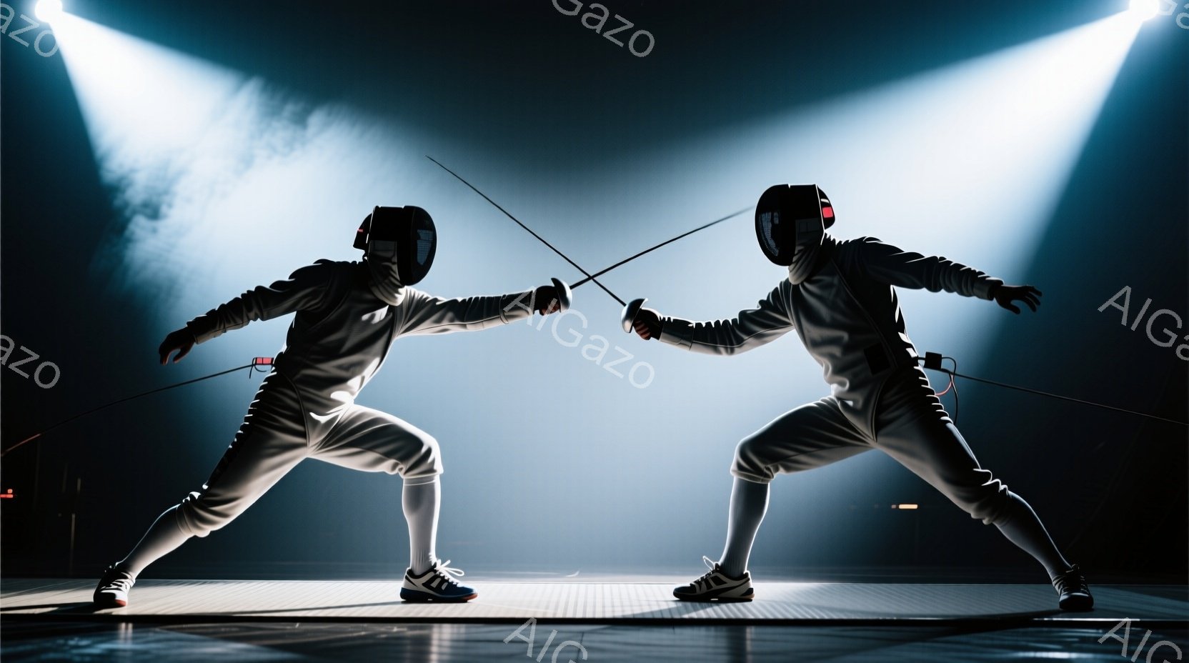 二人のフェンサーが、白いフェンシングスーツ、マスク、そして青いスニーカーを身に着け、互いに剣を構えて対峙している。彼らは緊張感のある姿勢で、片足を前に出し、剣を伸ばして相手を牽制している。背景は暗く、スポットライトが彼らを照らし出し、競技場の雰囲気を強調している。