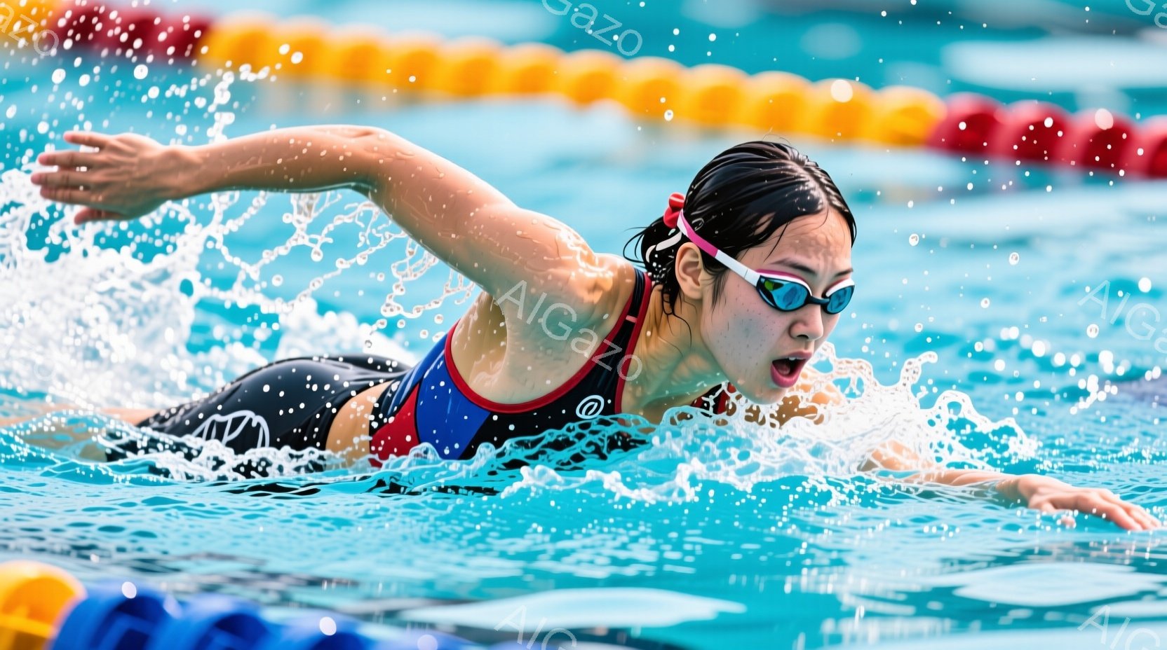 水泳選手が力強くクロールで泳いでいる様子が捉えられています。彼女は赤い縁取りのある黒と青の競泳用水着を着用し、ゴーグルをかけています。背景には水しぶきと、ぼやけたプールサイドの黄色いレーンロープが見え、競技の活気を感じさせます。
