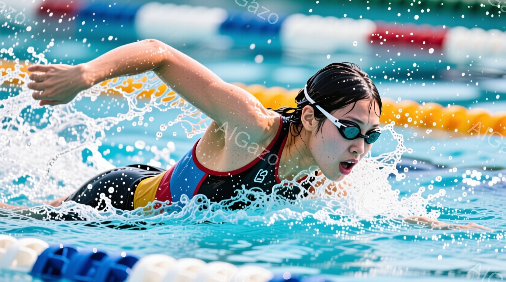 水泳選手が力強くクロールで泳いでいる様子が捉えられています。彼女は黒い水着に、赤、青、黄色のラインが入っており、ゴーグルを装着し、集中した表情をしています。水面には水しぶきが飛び散り、背景にはプールの - AI生成フリー素材