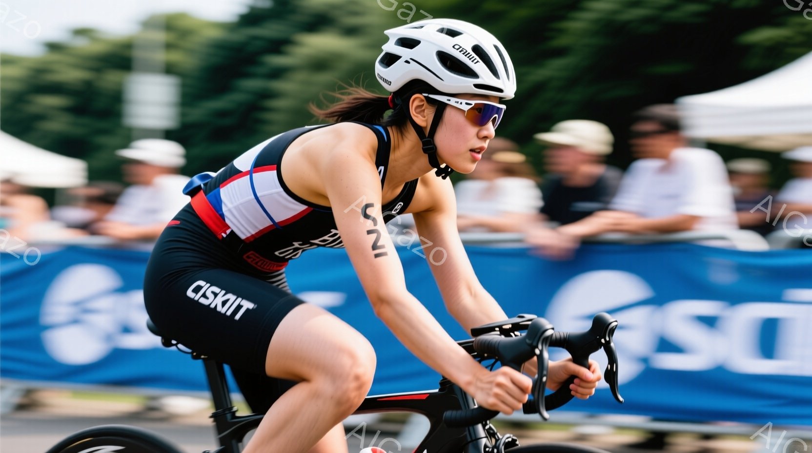 この女性はトライアスロン用のウェアを着用し、ロードバイクに乗って競走している。彼女は黒いショートヘアで、サングラスをかけ、集中した表情でハンドルを握っている。背景には青いバナーと観客、そして緑豊かな自然が見え、晴天の下で競技が行われている様子が伺える。