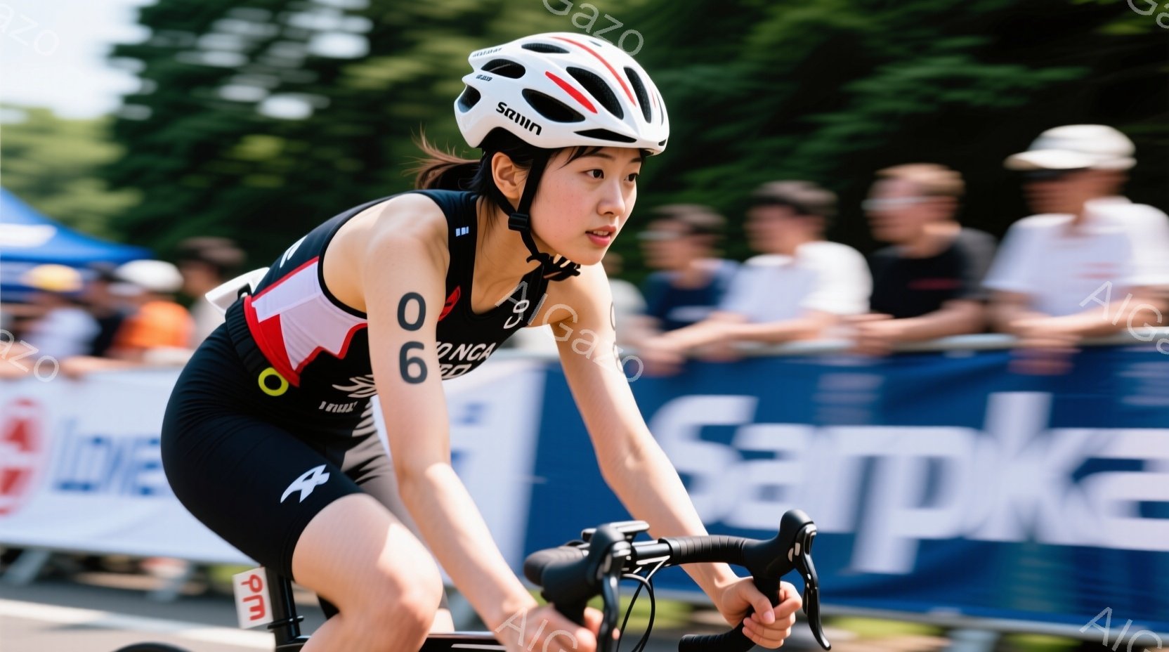 競技者はトライアスロン用の黒と赤のスーツとヘルメットを着用し、ロードバイクに乗りながら前方に集中しています。彼女の表情は真剣で、筋肉質な脚はペダルを強く踏み込んでおり、競技への集中力が伝わってきます。 - AI生成フリー素材