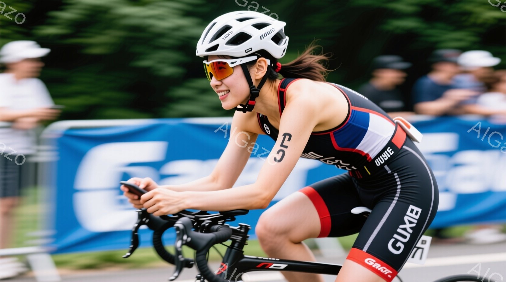 女性は、トライアスロン用のウェア（黒、赤、青のストライプ）とヘルメットを身に着け、ロードバイクに乗って競技中です。彼女は前かがみになり、集中した表情でハンドルを握り、力強くペダルを漕いでいます。背景に - AI生成フリー素材