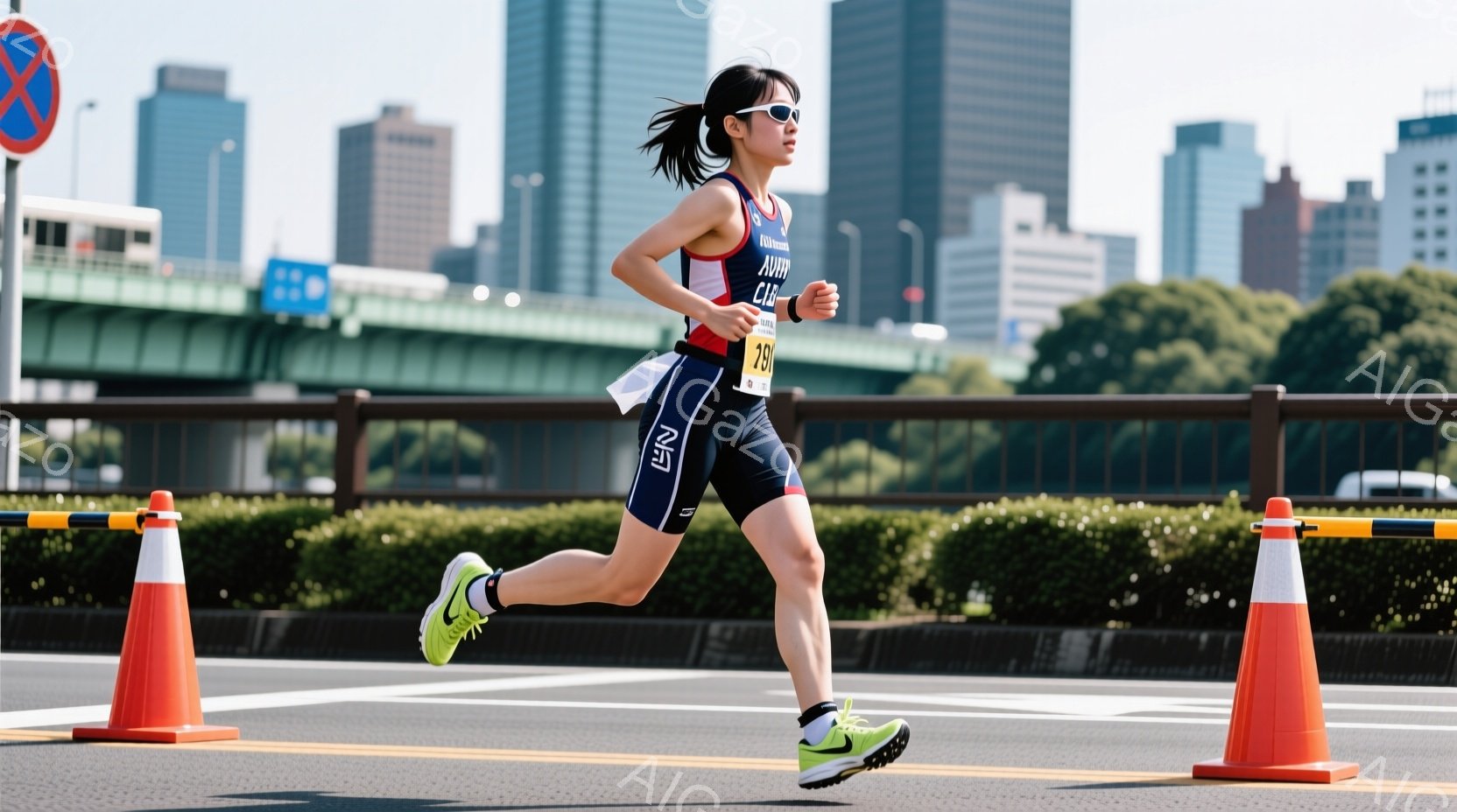 女性はマラソンまたはトライアスロンの競技中のようです。青いバイザー、黒の髪をポニーテールにし、青と赤のレーシングスーツ、そして鮮やかな緑色のスニーカーを身に着けています。背景には高層ビル群と緑豊かな木 - AI生成フリー素材