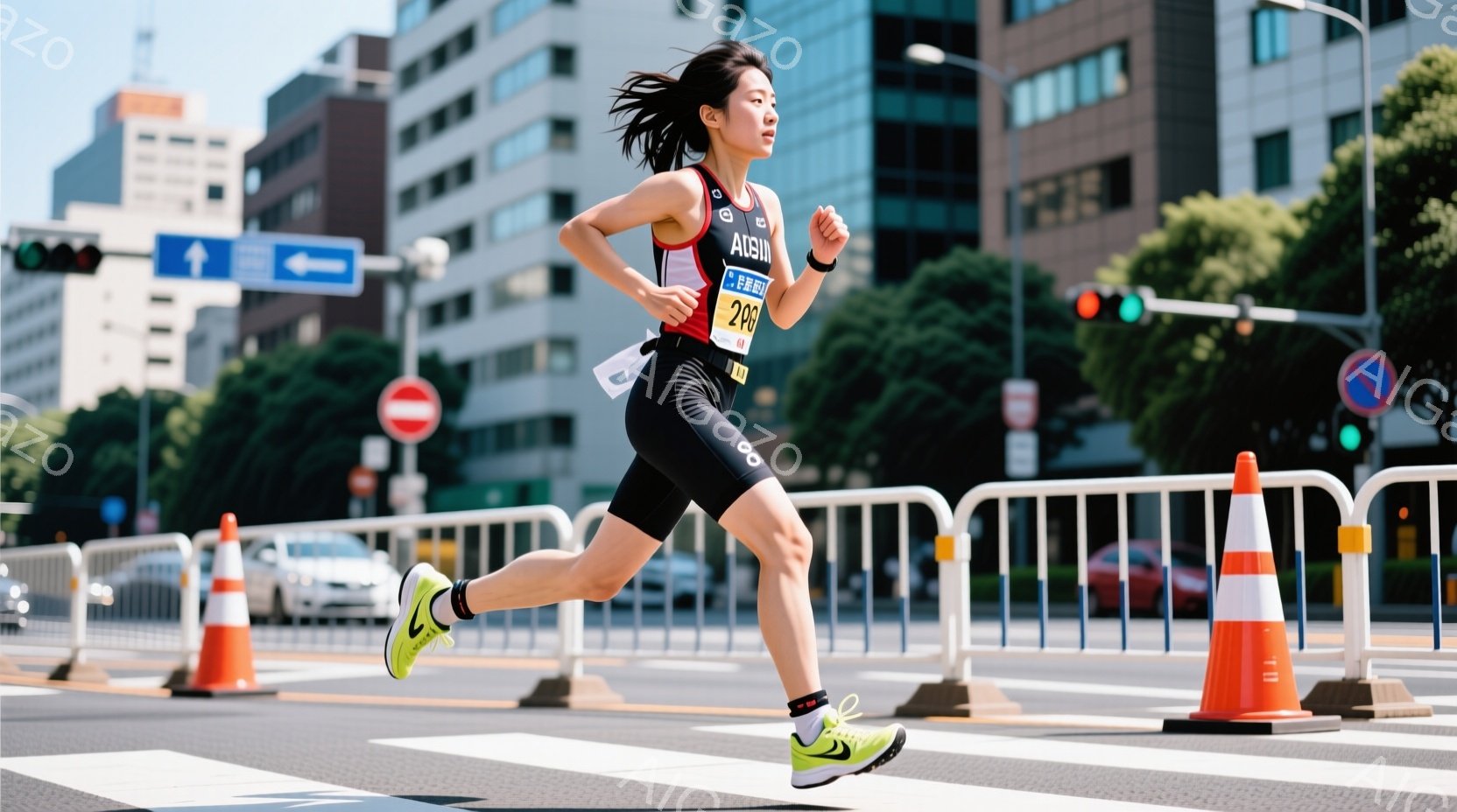 女性は競技用のウェアを着用し、マラソンまたはトライアスロンのレースに参加している様子が写っています。彼女は前傾姿勢で走り、強い意志と集中力を感じさせます。背景には高層ビルや交通標識が見え、晴天の下、活気のある街中での競技風景が広がっています。