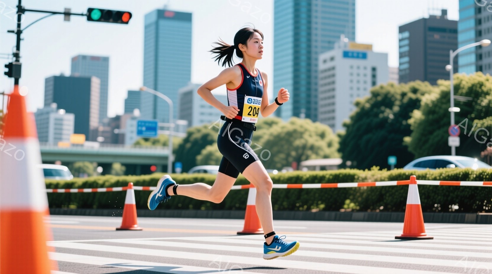 競技者がアスファルトの道路を疾走している様子が写っている。黒いユニフォームと短いヘアスタイルで、集中した表情で走っている。背景には高層ビル群が立ち並び、晴れた空と緑の木々が、活気ある都市でのスポーツイ - AI生成フリー素材