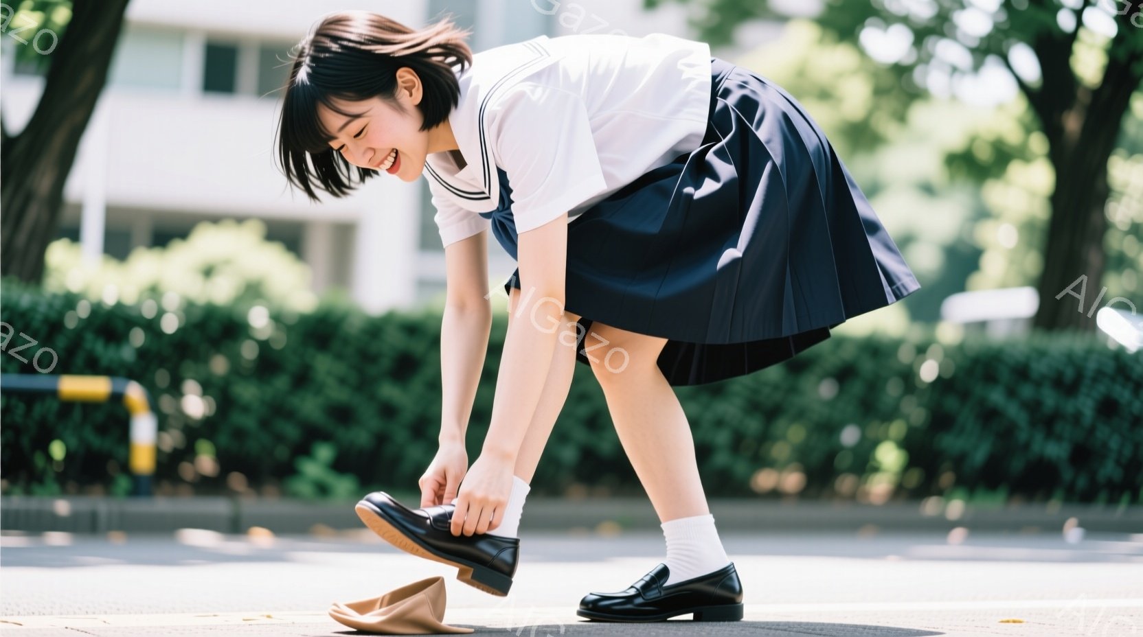 制服姿の女子学生が、靴を履こうと前かがみになっている。紺色のプリーツスカートと白いブラウスを着ており、黒い靴下と革靴を合わせている。背景には緑の生垣と建物が見え、晴れた日の穏やかな雰囲気である。 - AI生成フリー素材