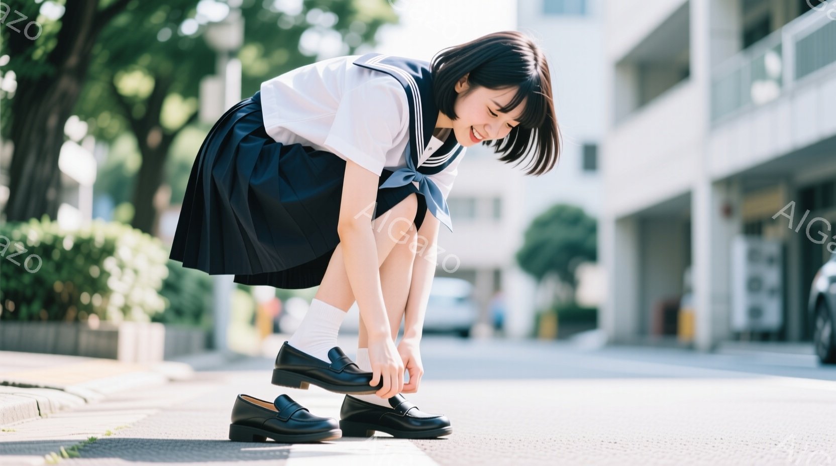 制服を着た若い女性が、歩道で靴紐を結んでいます。彼女は黒いスカートと白いブラウスを着ており、髪は短く、少しカールしています。背景には建物と緑があり、晴れた日差しが降り注いでおり、全体的に爽やかで若々しい雰囲気です。