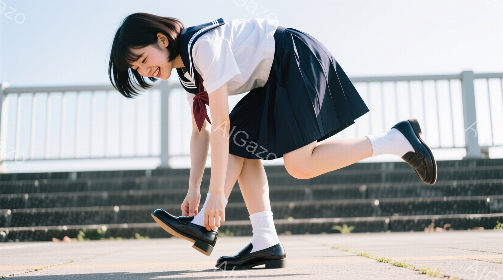 制服姿の女子学生が、階段の踊り場で靴紐を結び直している。紺色のプリーツスカートに白いブラウス、赤いリボンが特徴的で、白い靴下と黒い革靴を履いている。背景には石段と、ぼやけた緑が見え、晴れた日の穏やかな雰囲気が感じられる。