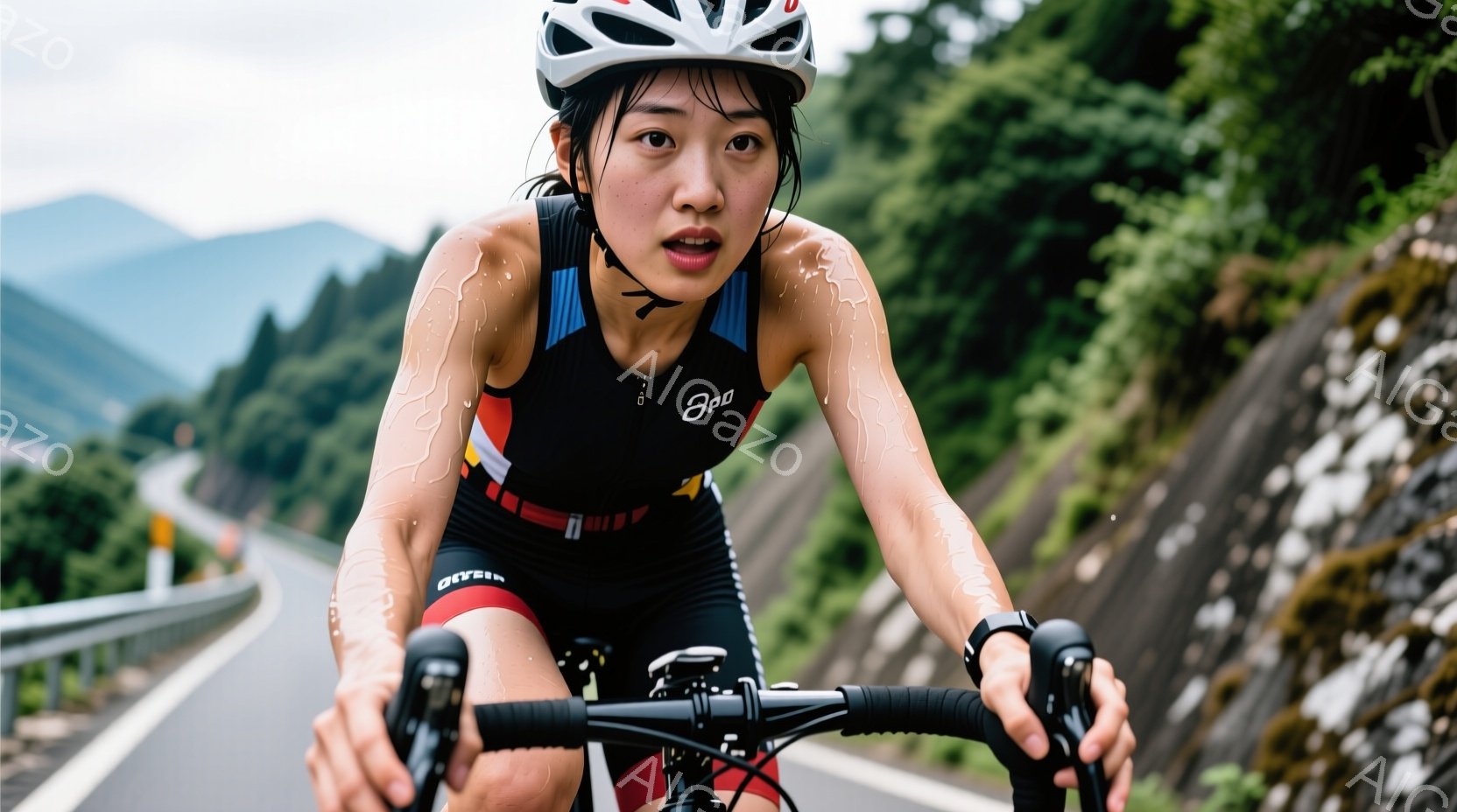 サイクリングウェアを着た女性が自転車に乗っている様子を捉えています。彼女は黒いウェアに赤と黄色のラインが入っており、ヘルメットを着用し、汗で濡れた肌が印象的です。背景には緑豊かな山々が広がり、アスファ - AI生成フリー素材