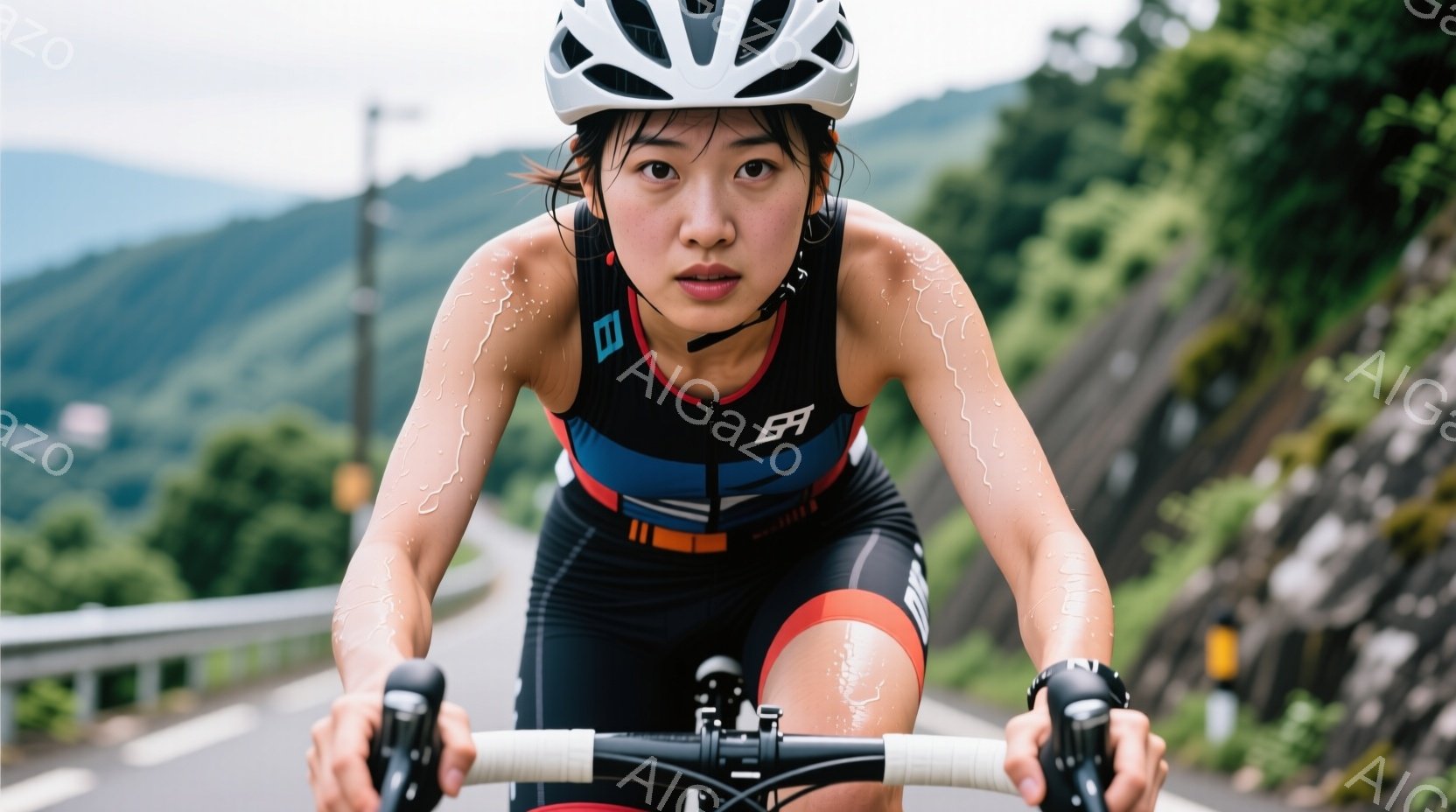 ロードバイクに乗る女性アスリートを捉えている。彼女は黒、青、赤のトリップスーツを着用し、白いヘルメットをかぶり、集中した表情で前を見据えている。背景には緑豊かな山々と道路が広がり、彼女の汗ばんだ肌は激しい運動の激しさを物語っている。