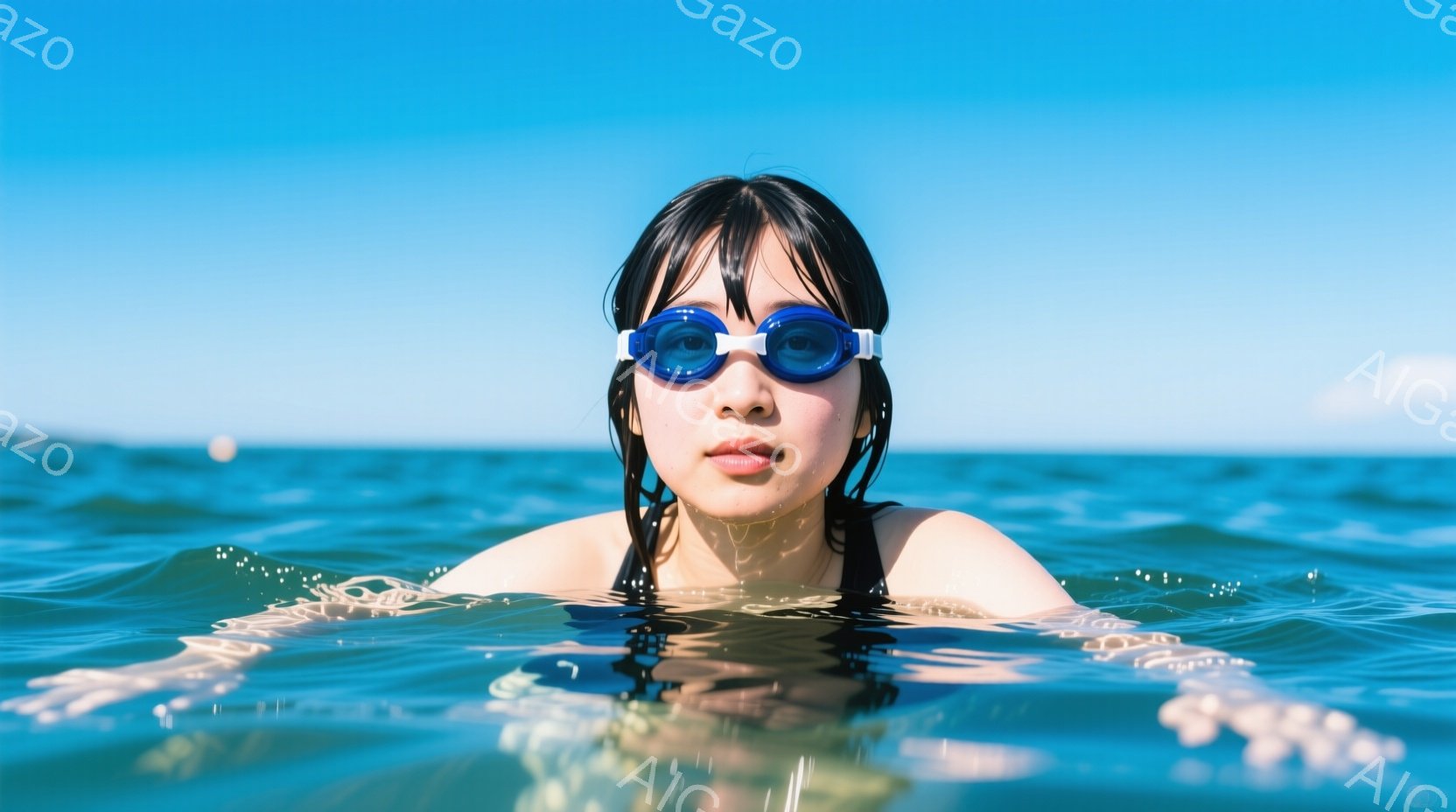 水の中で顔を出し、ゴーグルを装着した女性が写っている。彼女は黒髪で、水に濡れて顔に張り付いている。背景は青い海で、波が穏やかに広がっており、晴れた日のリラックスした雰囲気が漂っている。 - AI生成フリー素材