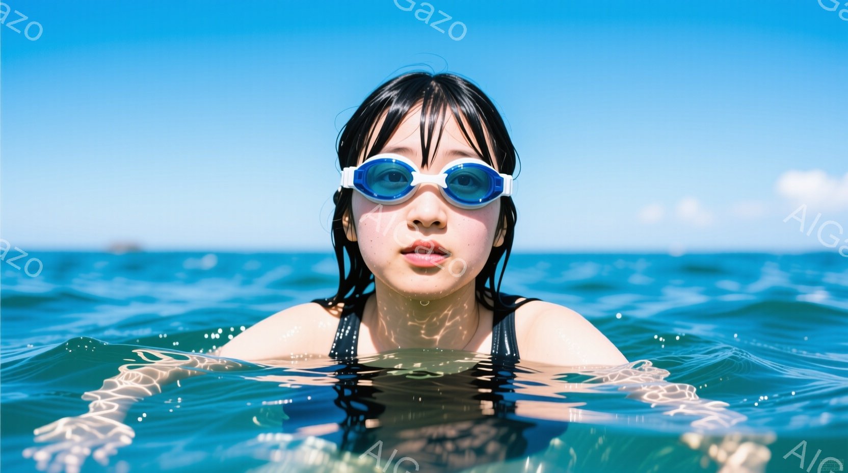 水中に浮かぶ女性が写っている。彼女は黒い水着を着ており、水から顔と肩が出ている。顔には水泳用のゴーグルを装着し、前方をまっすぐ見つめている表情は真剣で、水面に反射する光が彼女の肌を照らしている。 - AI生成フリー素材