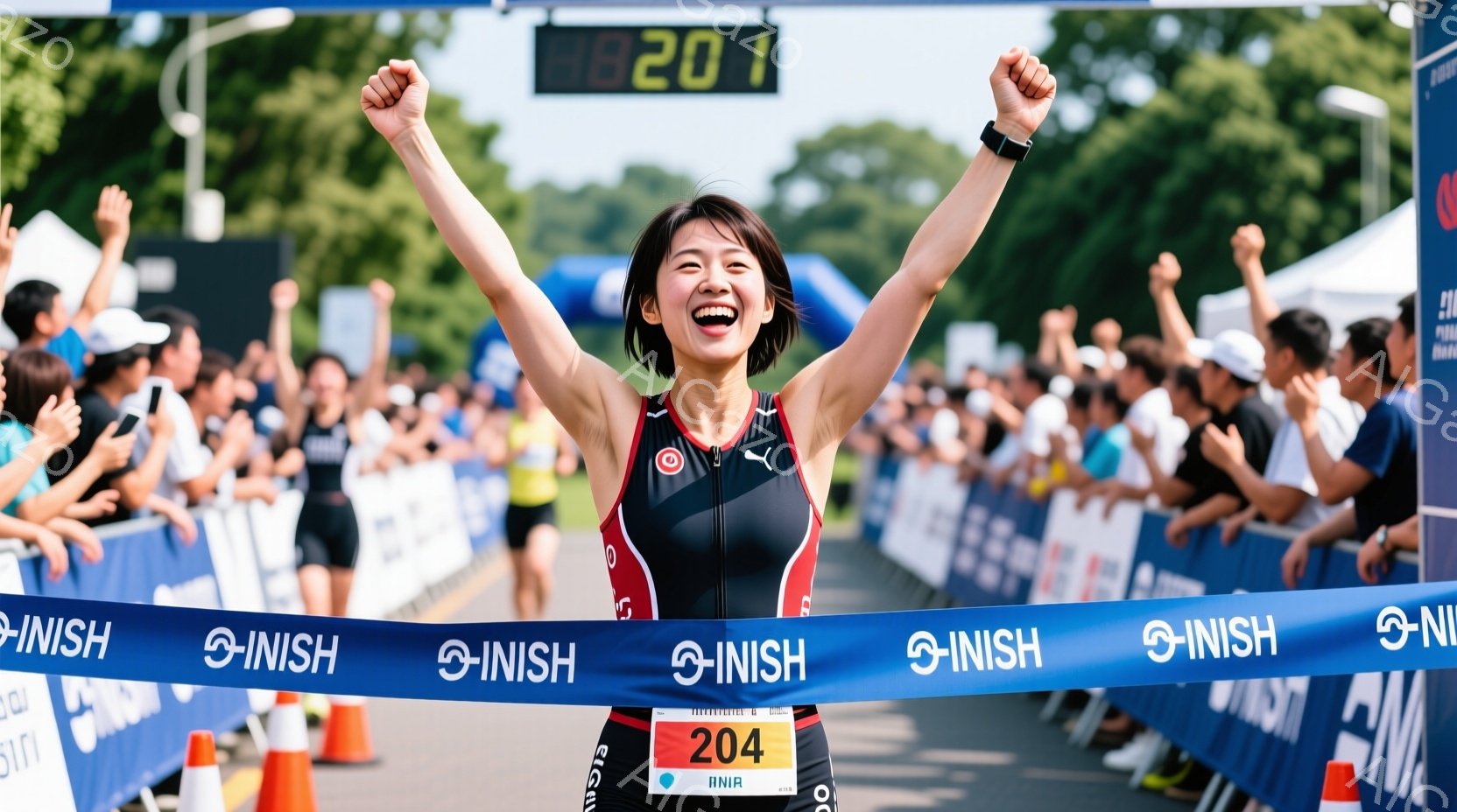 競技場で、若い女性が両手を高く上げて勝利を喜んでいます。彼女は赤いスポーツブラと黒のランニングショーツ、そしてマラソン用のゼッケン「204」をつけており、ポニーテールにしています。背景には青いフェンスと他のランナー、そして晴天の下の競技場が見え、全体的に活気と興奮に満ちた雰囲気が漂っています。