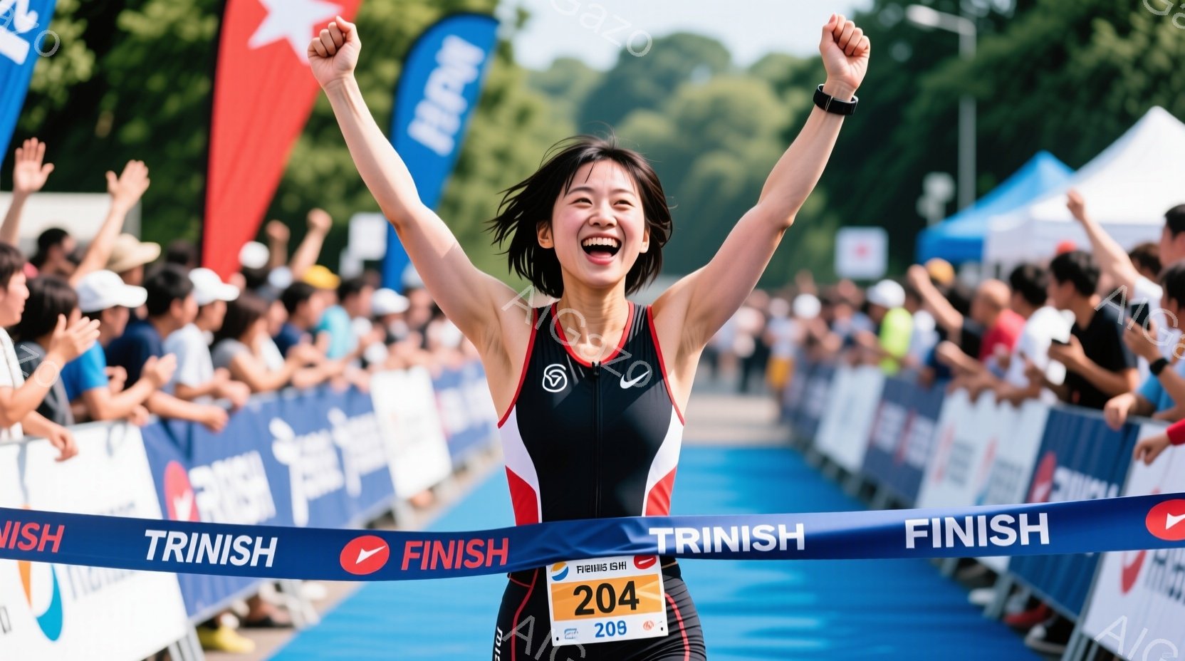 女性はトライアスロンのフィニッシュラインを駆け抜け、両手を高く上げて歓喜しています。黒いトライスーツと、ピンクのラインが入った黒いヘアバンドをつけており、顔は笑顔で輝いています。背景には多くの観客や青い空、そして緑豊かな自然があり、晴天の下、活気に満ちた競技の様子が伝わってきます。