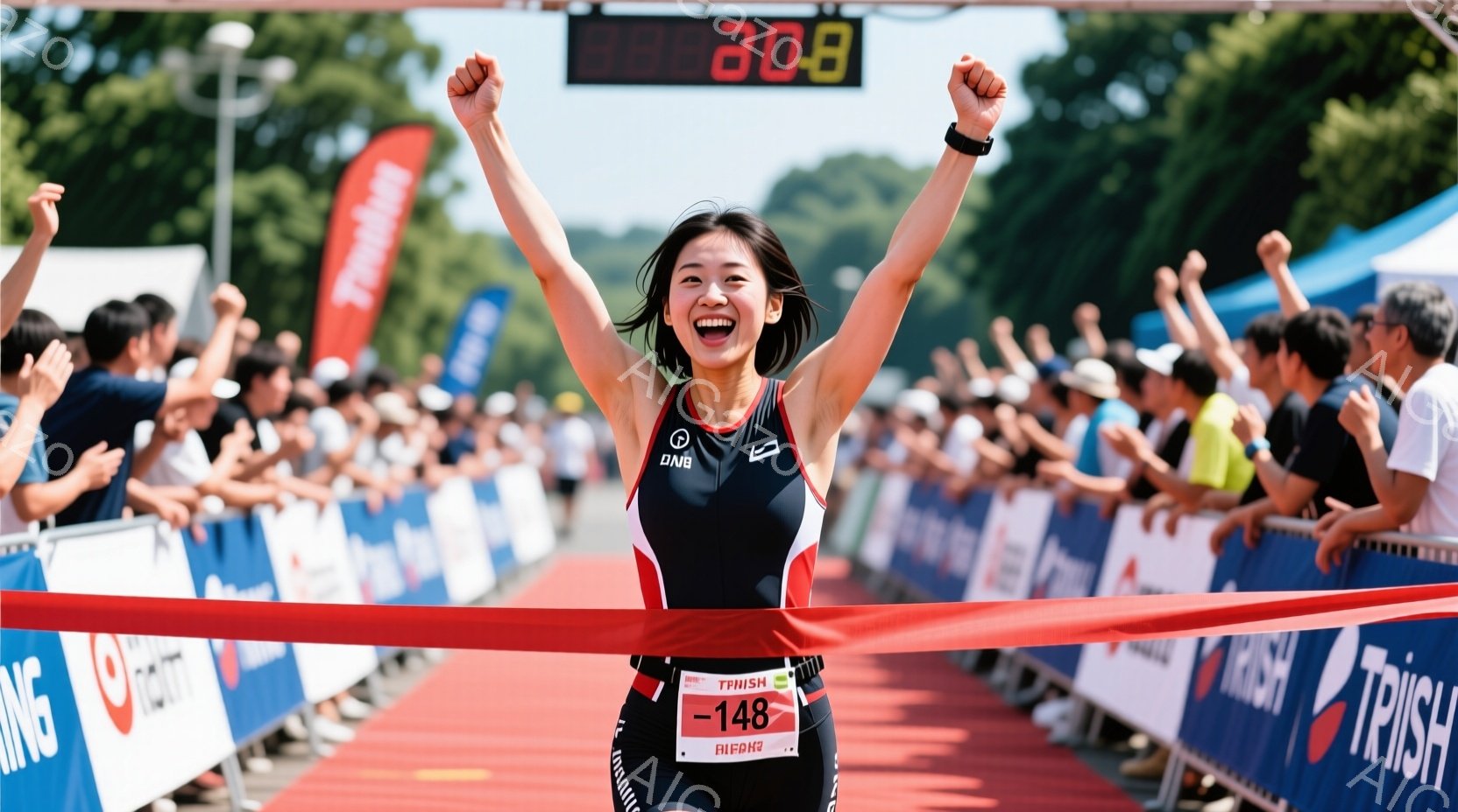 一人の女性が、マラソンのフィニッシュラインを駆け抜けている様子が写っている。彼女は黒のトライスーツを着ており、髪は後ろでポニーテールにまとめられている。顔には満面の笑みが浮かび、両腕は高く上げられている。