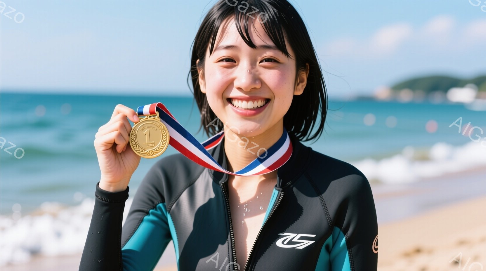 この女性は、ターコイズブルーのダイビングスーツを着て、金色のメダルを手に微笑んでいます。彼女は短い黒髪で、顔には喜びと達成感が表れています。背景には青い海と砂浜、そして遠くの緑の丘が見え、晴れた日の穏やかな雰囲気を感じさせます。