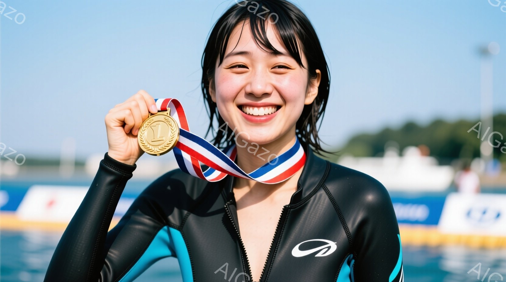 人物は日本語で「女性」と言われるような年齢の人物で、泳ぎ方をするスーツを着用しています。髪型はショートカットで、表情は笑顔に近く、心地よく感じます。動作や姿勢は自信溢れる姿勢で、背景は水面が見えることからスポーツイベントの中で順調に進行しているように思われます。全体の雰囲気や印象は、成功を祝福するプライドと達成感が漂っているように感じられます。