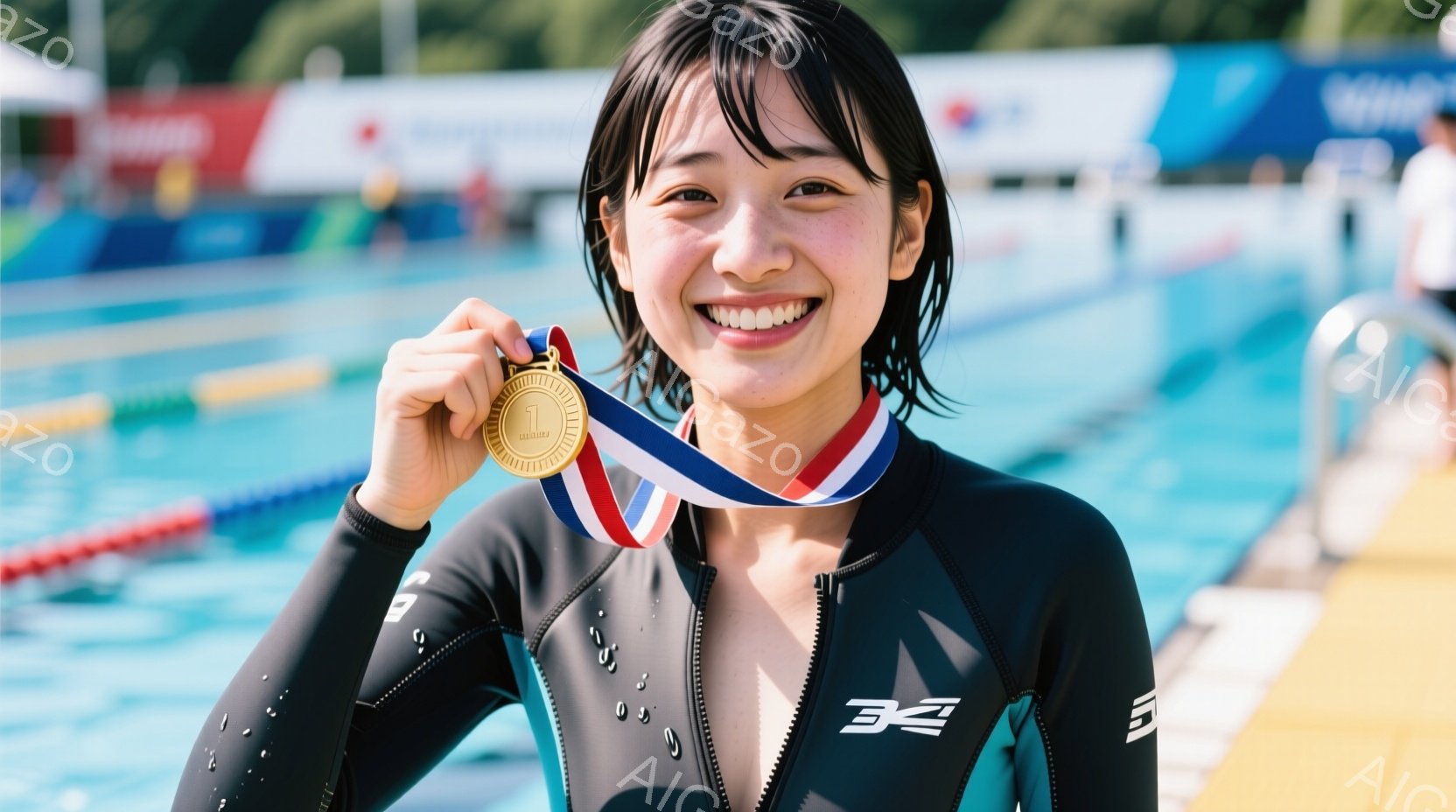 この女性は水泳競技用の黒いワンピース型の水着を着用し、首には金メダルをかけた状態で微笑んでいます。彼女は肩まで伸ばした黒髪で、顔には明るい笑顔が見られます。背景は水泳プールで、水面やプールの縁、そして - AI生成フリー素材