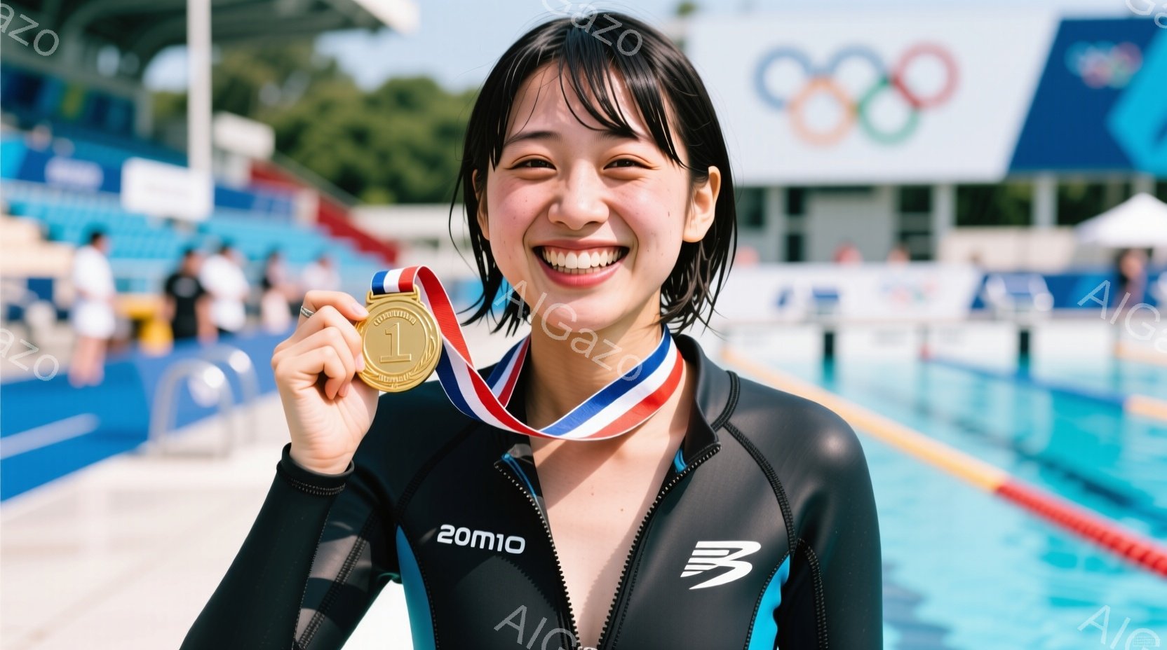 水泳競技会の選手と思しき女性が、金メダルを手に満面の笑みを浮かべている。黒色の水着に身を包み、濡れた髪を耳にかける姿は、競技直後で爽やかな印象を与える。背景にはプールと観客席が見え、晴天の下、活気ある - AI生成フリー素材