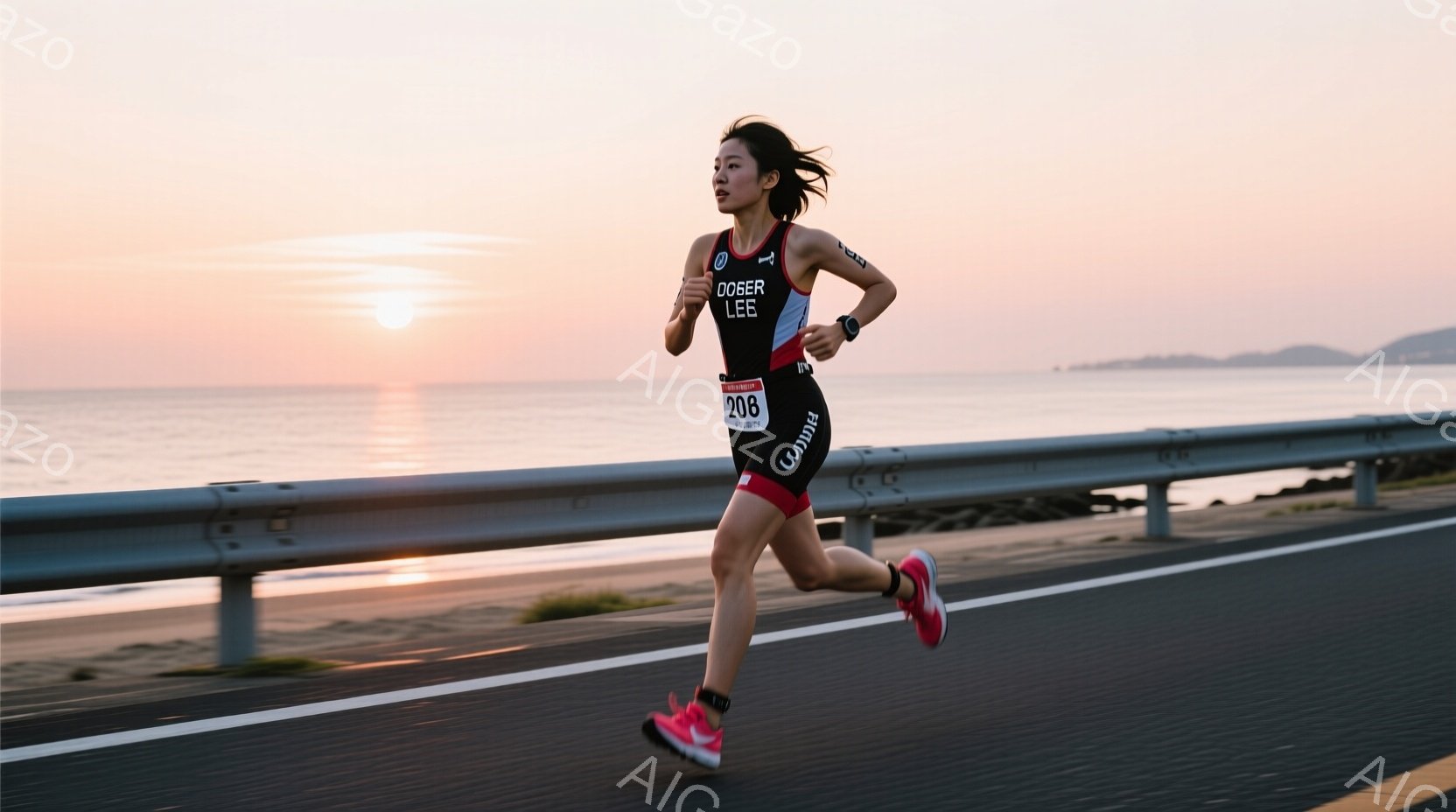 競技用のトライスーツを着用した女性が、海岸沿いの道路を力強く走っている。彼女は黒いトライスーツにピンクのシューズを合わせ、髪は後ろでポニーテールにしている。背景には穏やかな海と、夕焼けのような柔らかな - AI生成フリー素材
