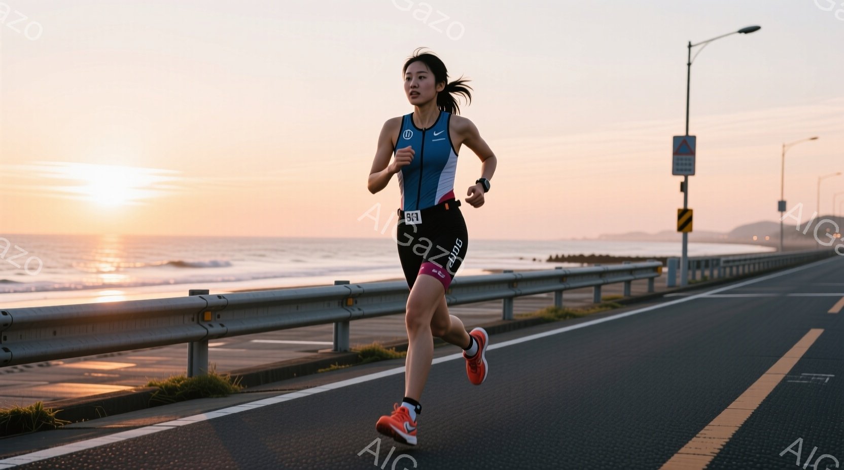 競技用のトライスーツを着た女性が、海岸沿いの道路を力強く走っている。彼女はポニーテールで髪をまとめ、集中した表情で前を見据えている。背景には穏やかな海と夕焼け空が広がり、アスファルトの道路には黄色のラ - AI生成フリー素材