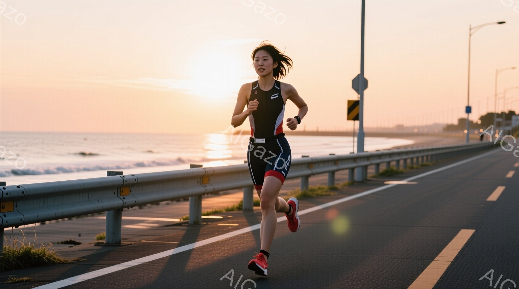 海沿いの道路を女性が走っている様子が写っている。彼女は黒と赤のトライアスロンウェアに身を包み、髪は後ろで一つに結んでいる。背景には穏やかな海と夕焼け空が広がり、彼女の姿を照らしている。 - AI生成フリー素材