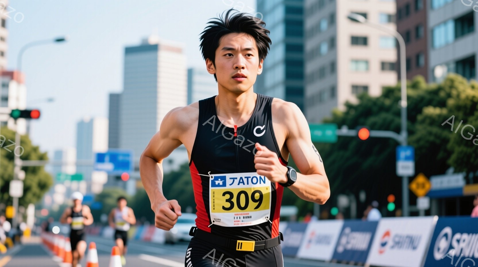 マラソンランナーが競技中に写っている。彼は黒のトライスーツと、胸に「309」と書かれた赤いビブを身に着けている。背景には高層ビル群が立ち並び、晴天の下、街中での活気あるレースの様子が伝わる。