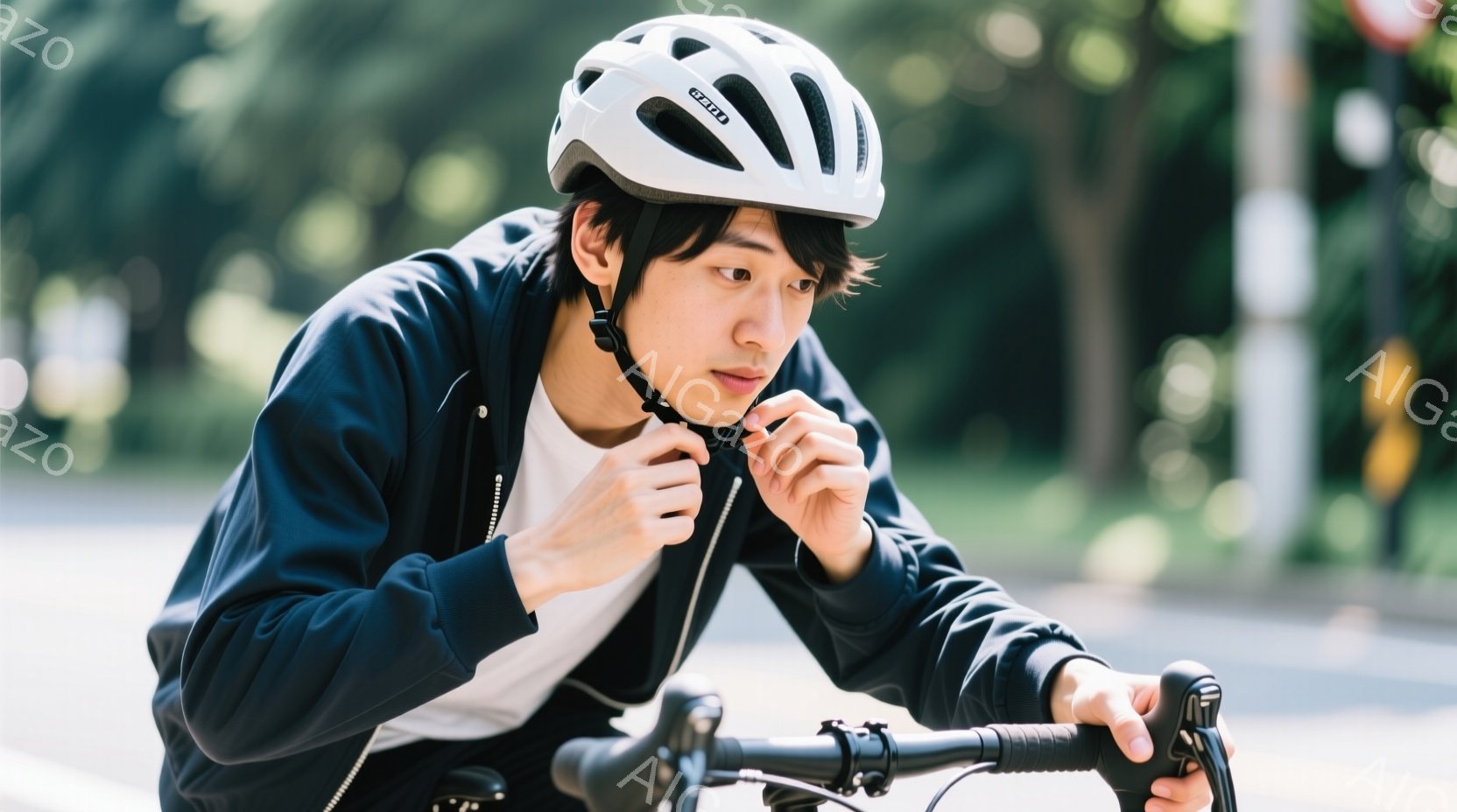 男性が白線道路上を自転車で移動している。彼は白スポットシェルフヘルメットを着用し、白グランジャーのツーピースサイクリング服を着ており、髪は乾燥したように見える。彼は視線を右方向に向け、手を口元に当て、警戒心を持っているように見える。周囲は日本の住宅街で、繁華街のシーンが分かる。